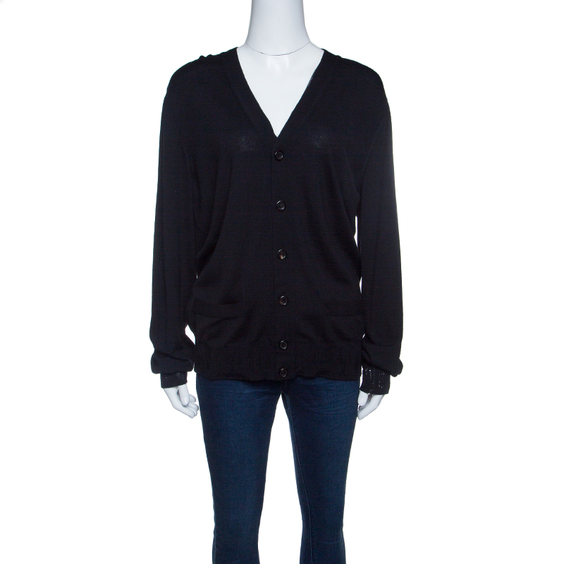 Image of Yves Saint Laurent Paris Black Wool Distressed Ribbed Trim Cardigan XL