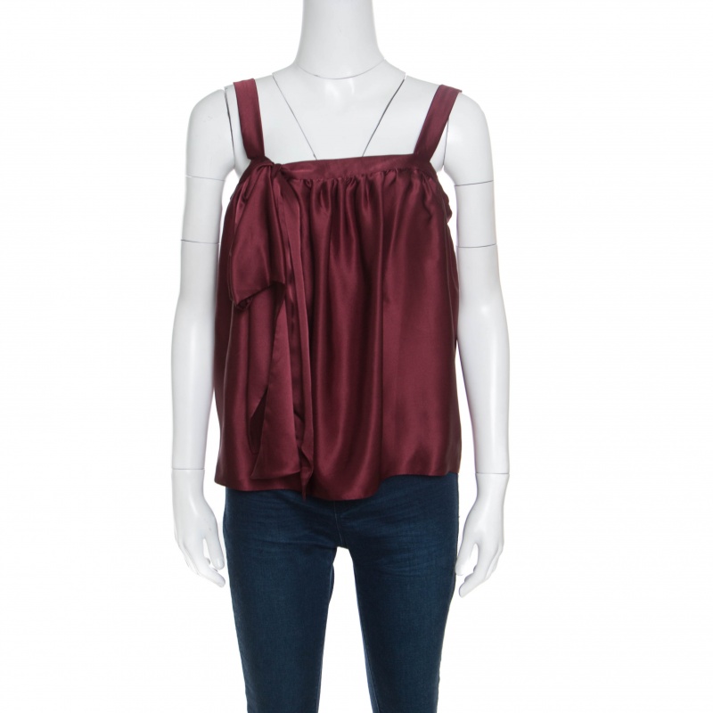 Image of Saint Laurent Burgundy Silk Satin Bow Detail Sleeveless Top M