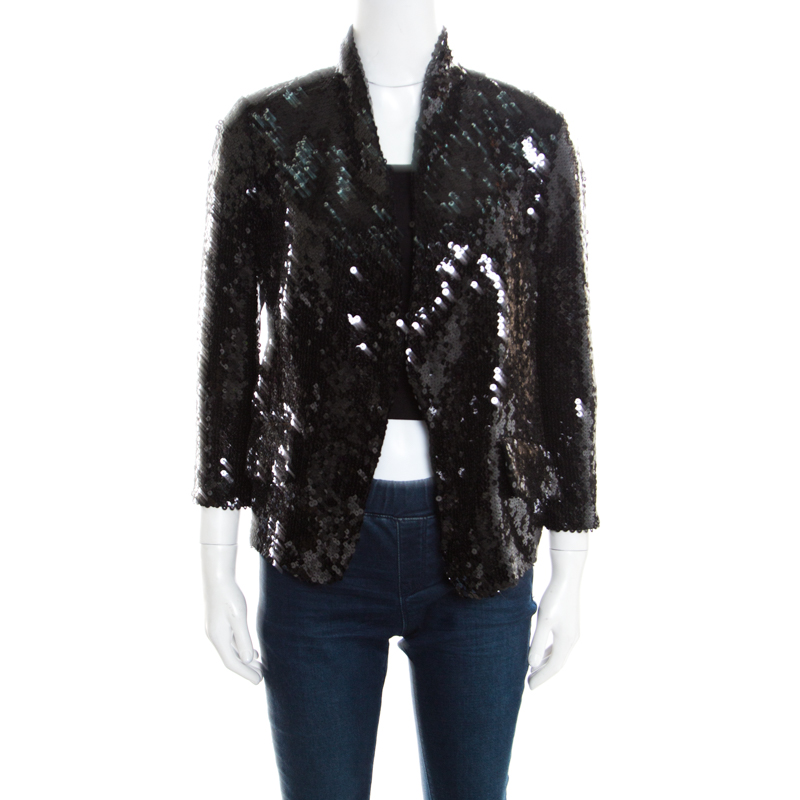 Image of Yves Saint Laurent Black Sequin Paillette Embellished Single Button Blazer S