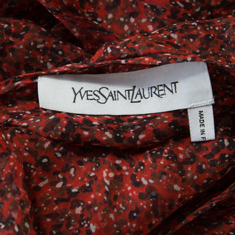 Yves Saint Laurent Red Printed Silk Chiffon Neck Tie Detail Long Sleeve Dress L