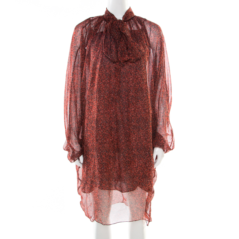 Yves saint laurent red printed silk chiffon neck tie detail long sleeve dress l