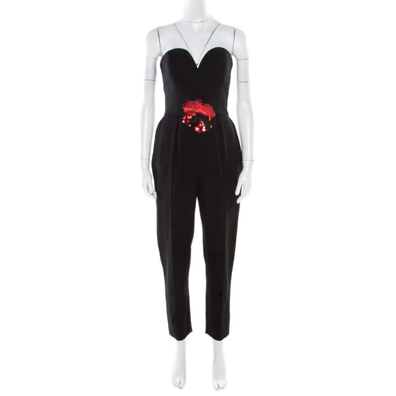 Фото #1: Yves Saint Laurent Black Wool Floral Embellished Strapless Jumpsuit M