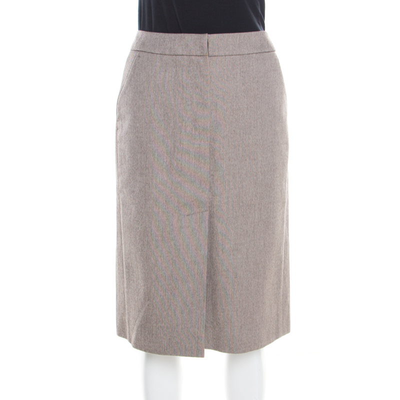Image of Yves Saint Laurent Paris Brown and White Textured Cotton Pencil Skirt L