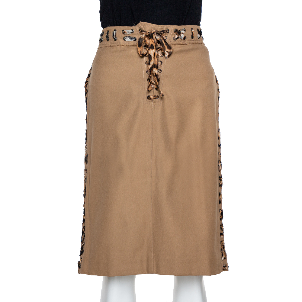Image of Yves Saint Laurent Tan Cotton Leopard Print Trim Pencil Skirt L