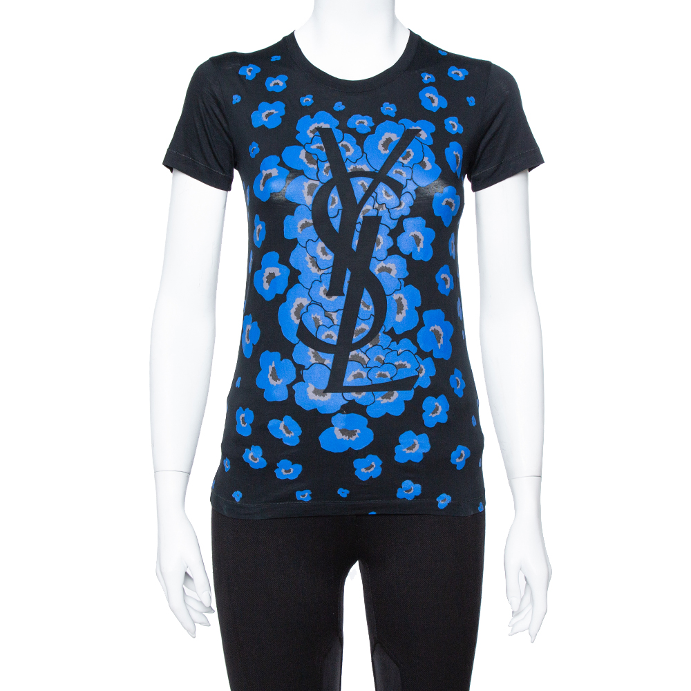 Image of Yves Saint Laurent Black Floral Logo Print Cotton T-Shirt S