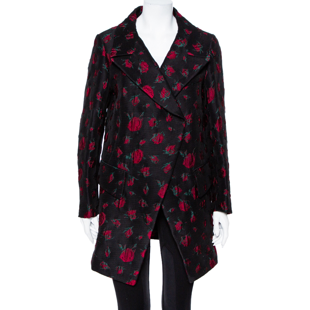 Yves Saint Laurent Black Rose Jacquard Double Breasted Oversized Coat S