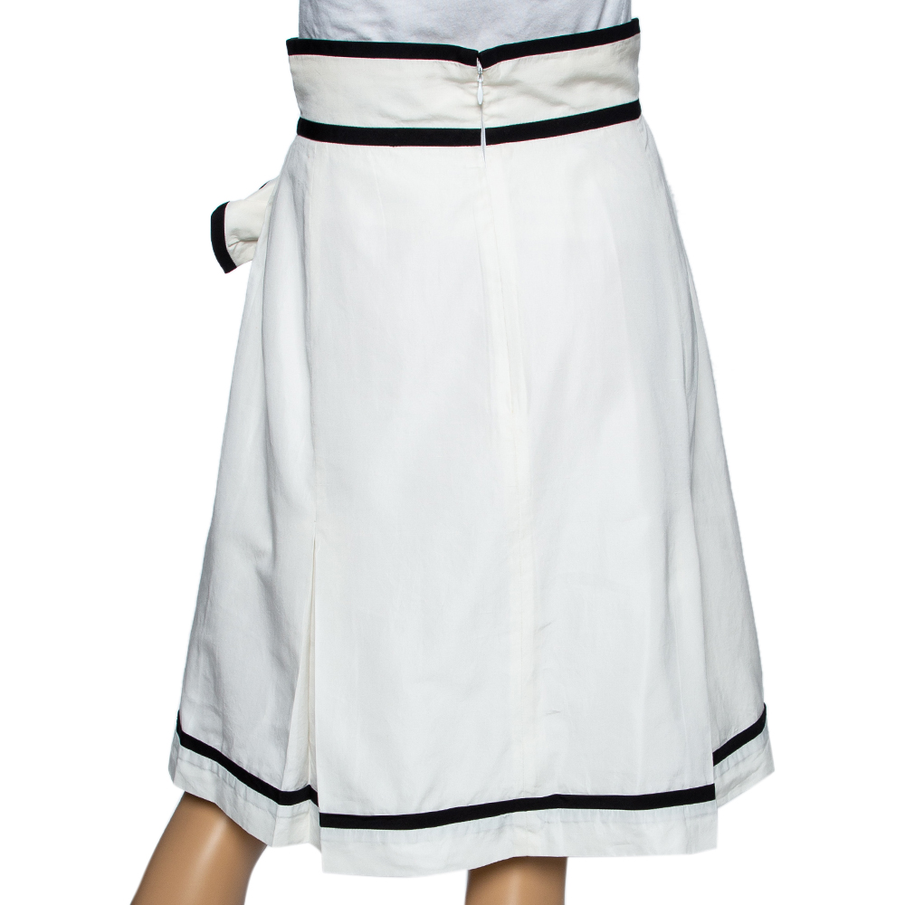Yves Saint Laurent Ecru Cotton Contrast Trimmed Pleated Skirt M