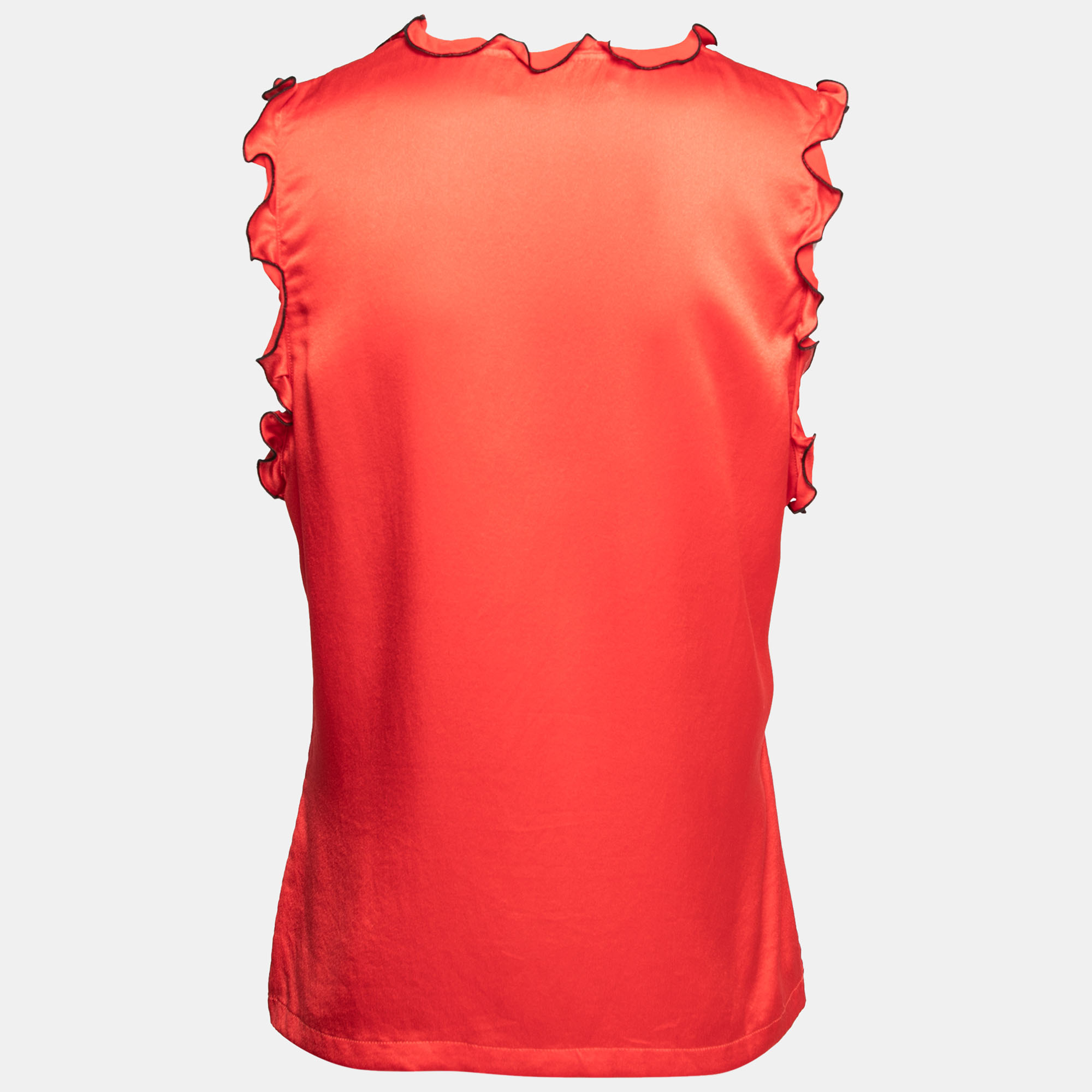 Yves Saint Laurent Red Silk Ruffle Trim Sleeveless Top M