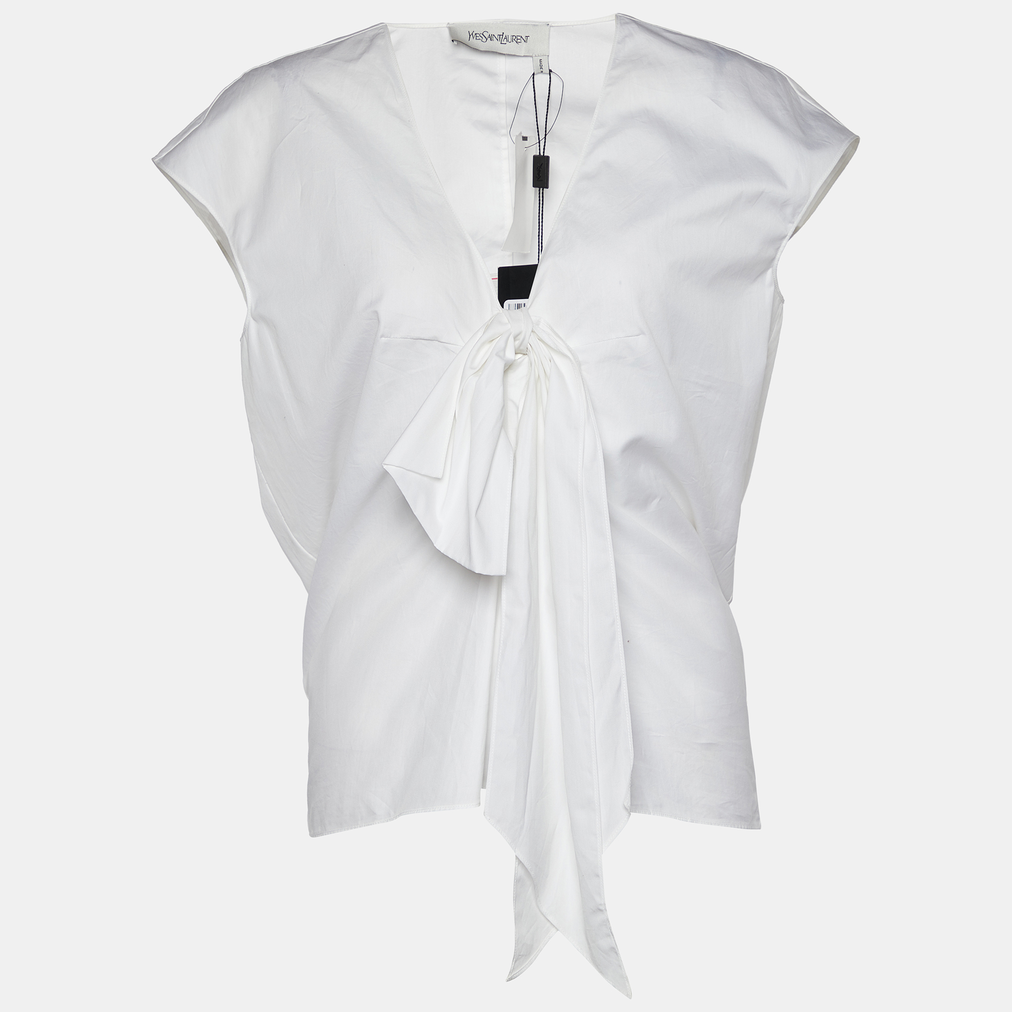Yves Saint Laurent White Cotton Bow Detail V-Neck Top M