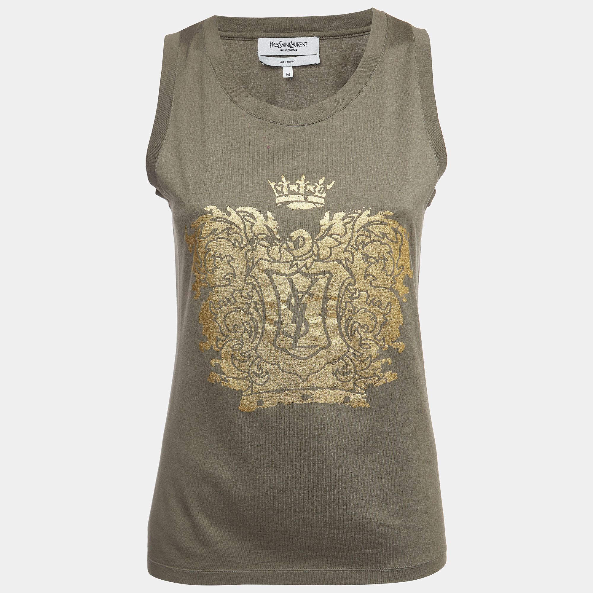 Yves saint laurent grey logo print cotton sleeveless t-shirt m