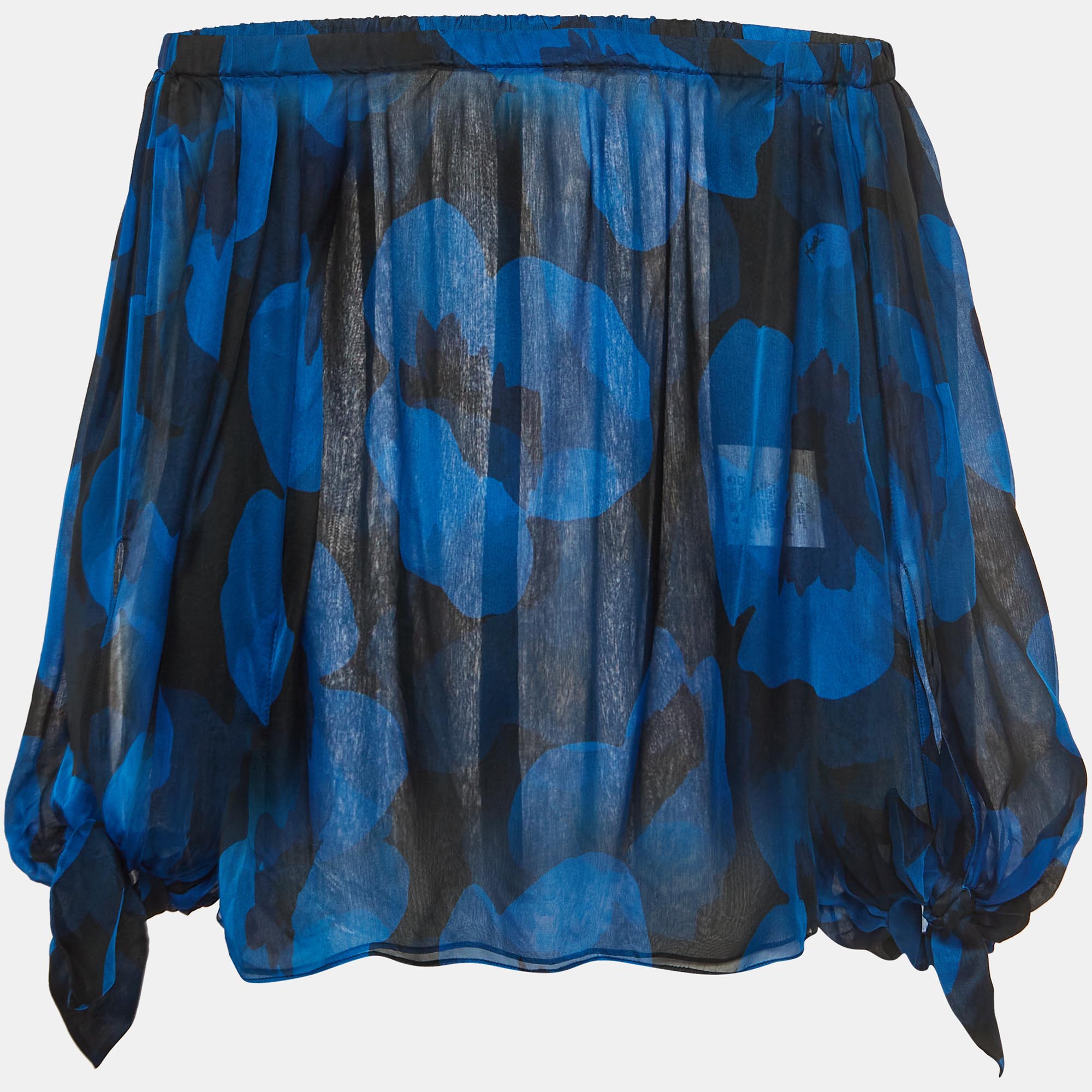 Yves saint laurent blue floral print silk off shoulder blouse s