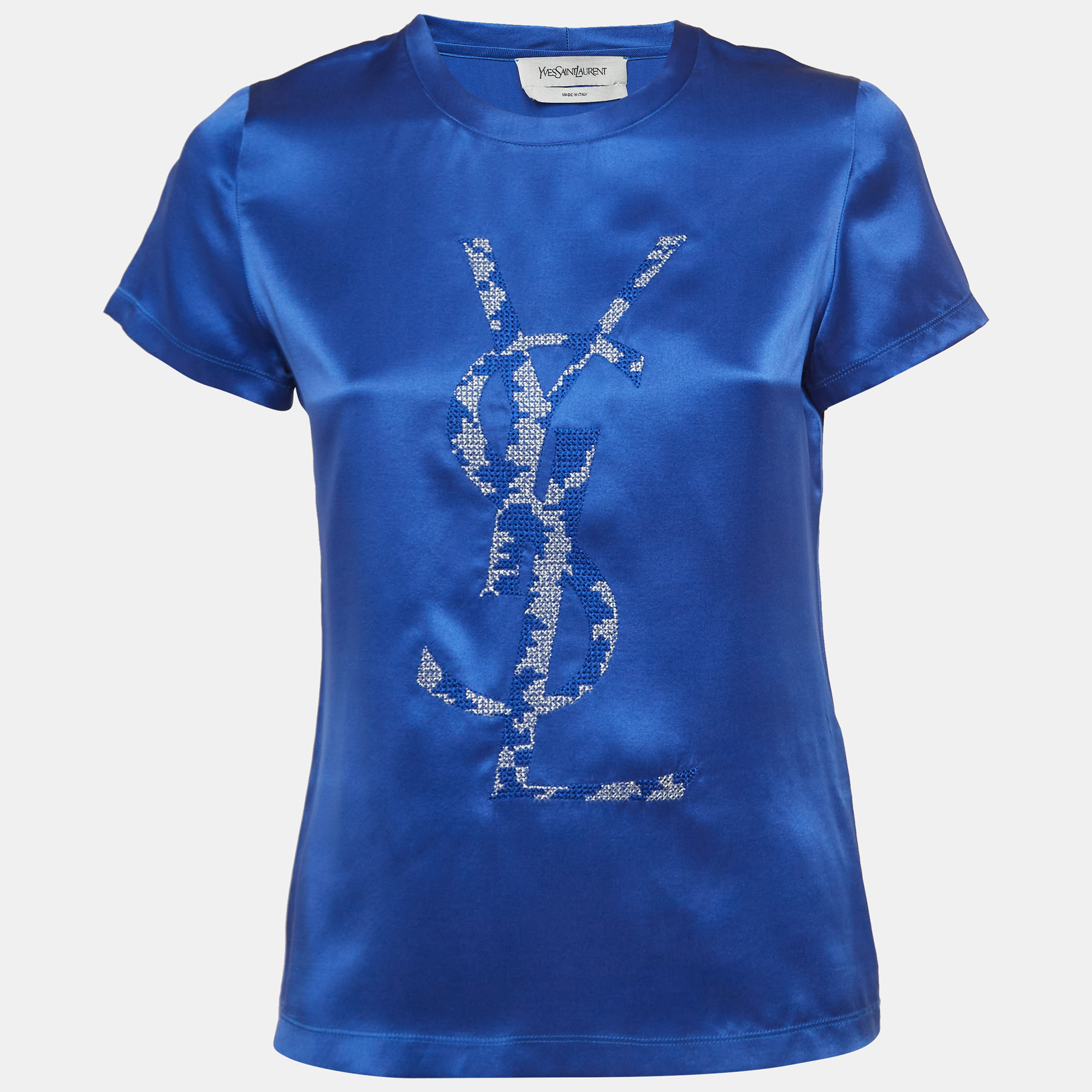 Yves saint laurent blue logo embroidered satin silk t-shirt s