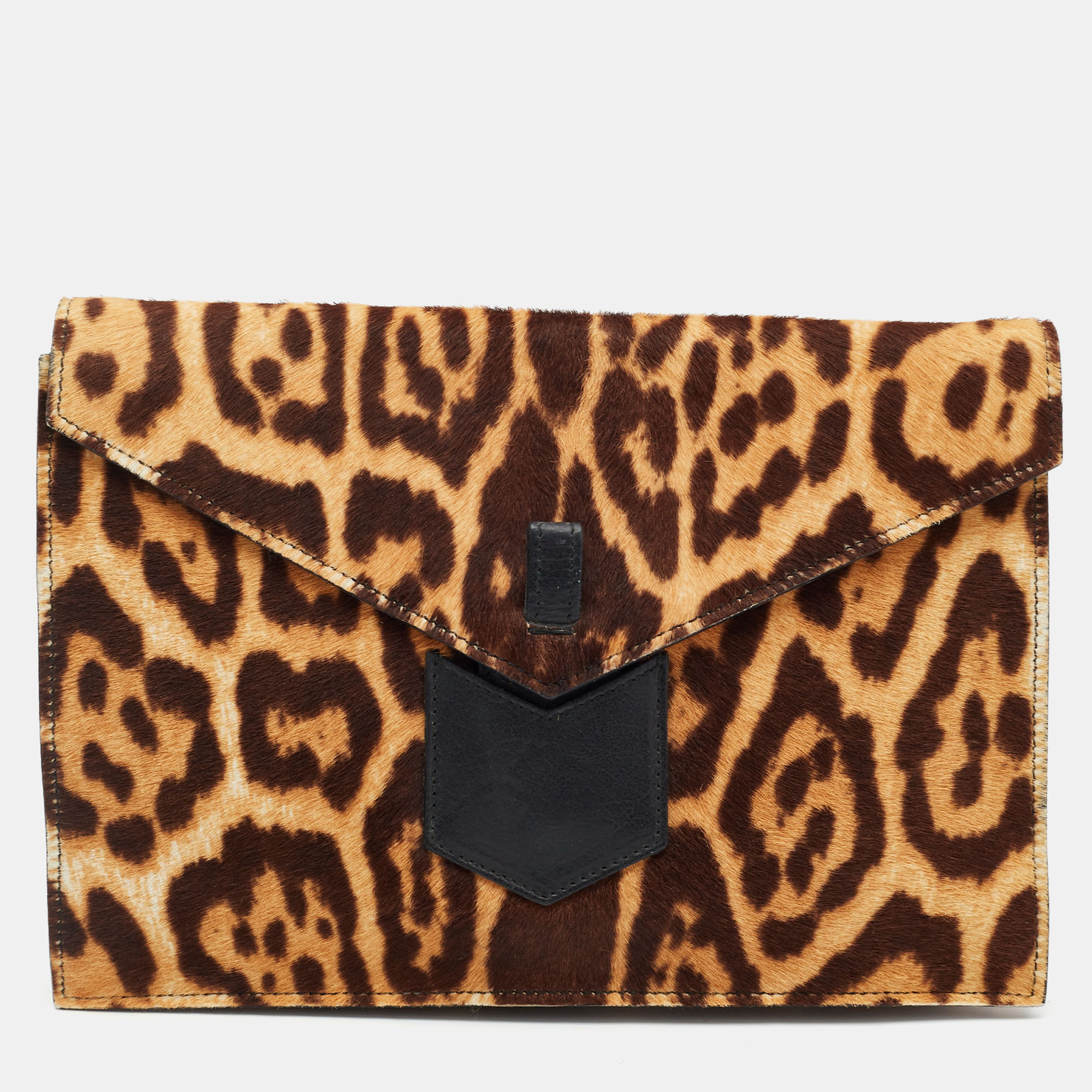 Yves Saint Laurent Brown Leopard Print Calf Hair Envelope Clutch