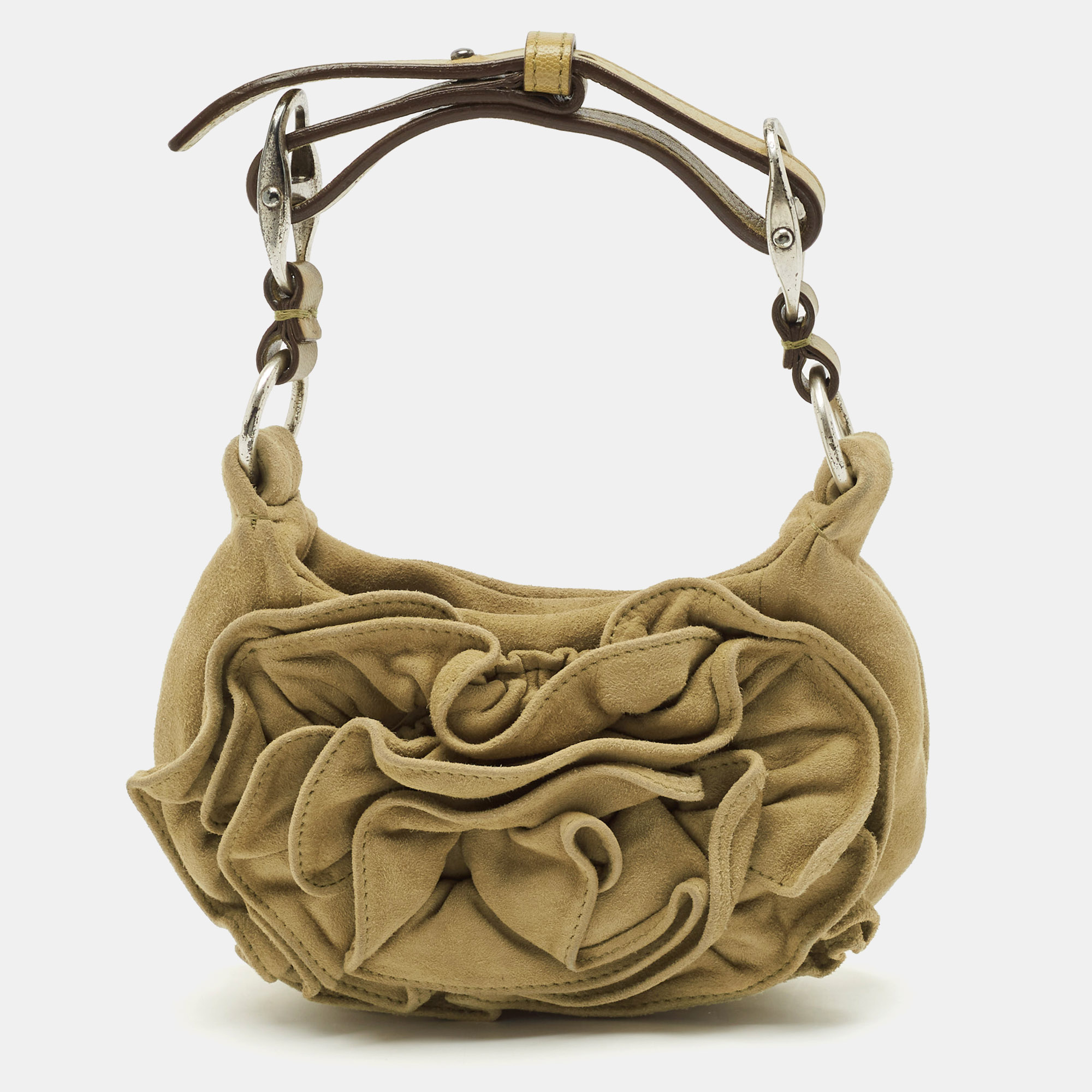 Yves Saint Laurent Beige Leather and Suede Floral Applique Clutch Bag