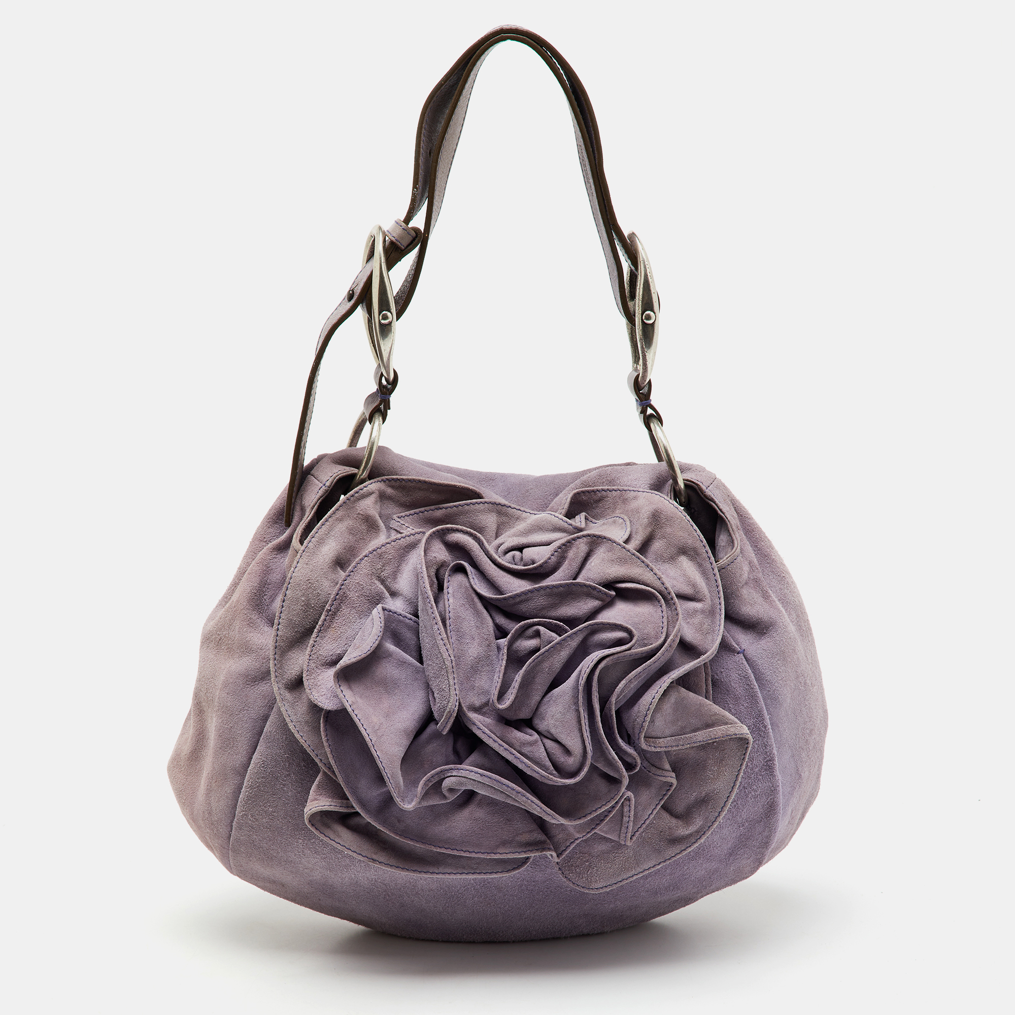 Yves Saint Laurent Light Purple Suede Flap Flower Shoulder Bag
Yves Saint Laurent Light Purple Suede Flap Flower Shoulder Bag