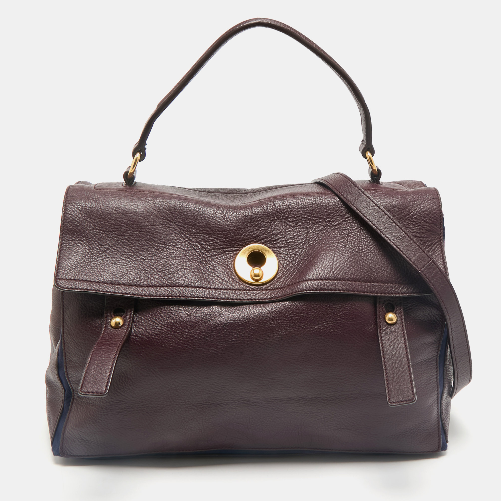 Yves Saint Laurent Burgundy/Blue Leather and Fabric Muse Two Top Handle Bag
Yves Saint Laurent Burgundy/Blue Leather and Fabric Muse Two Top Handle Bag