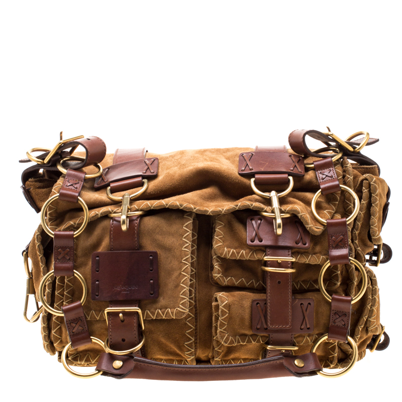 Image of Saint Laurent Paris Brown Stitches Suede And Leather Shoulder Bag