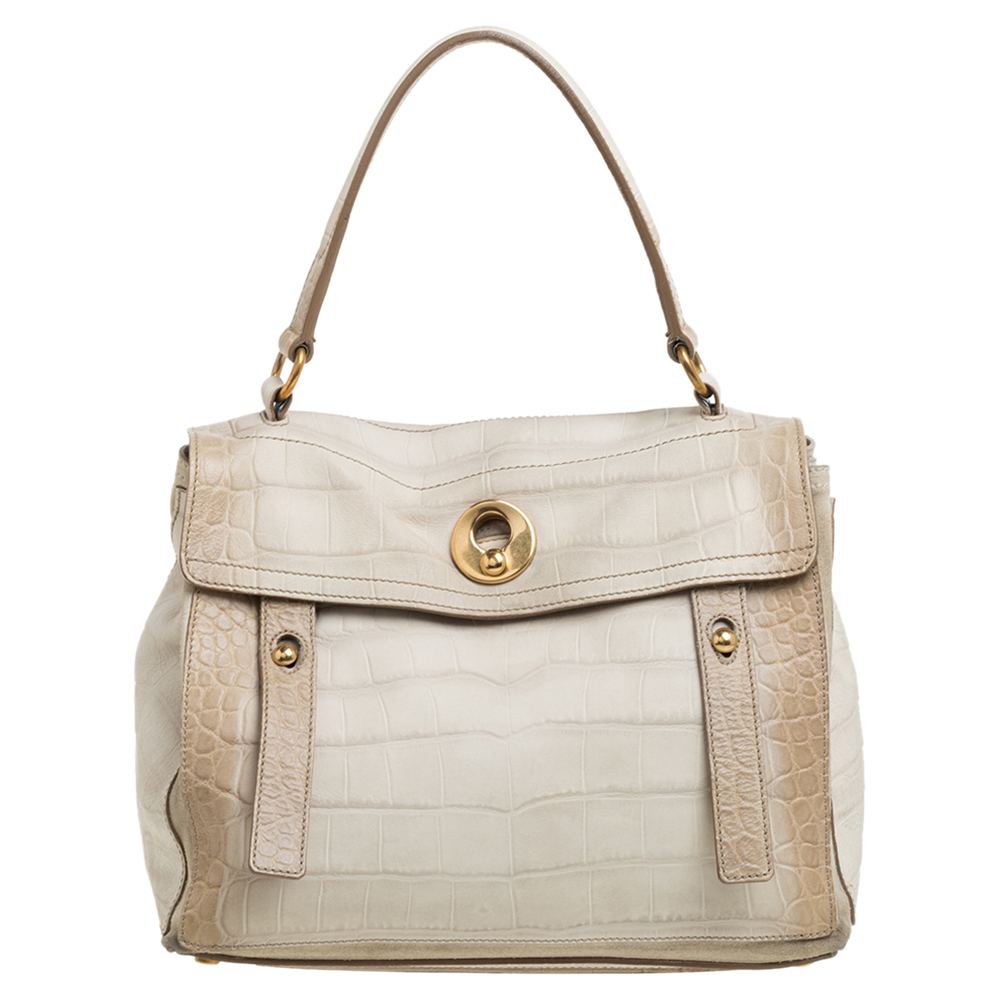 Image of Yves Saint Laurent Cream Croc Embossed Leather Medium Muse Two Satchel