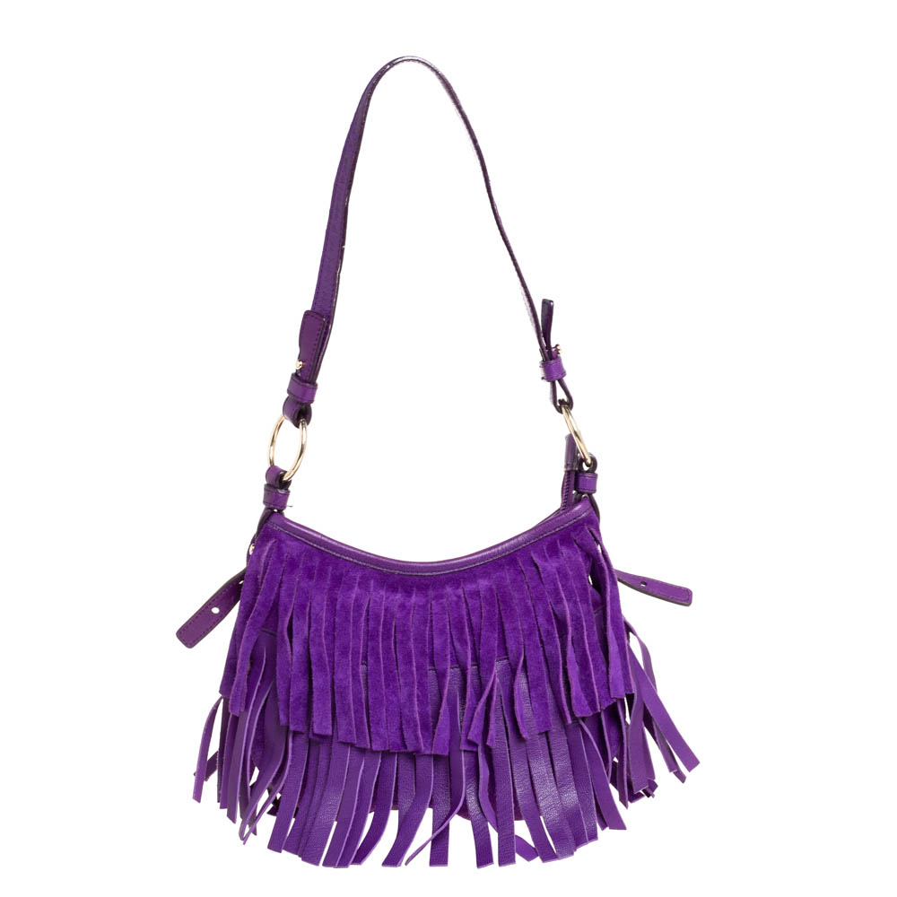 Yves Saint Laurent Purple Suede and Leather Fringe Hobo