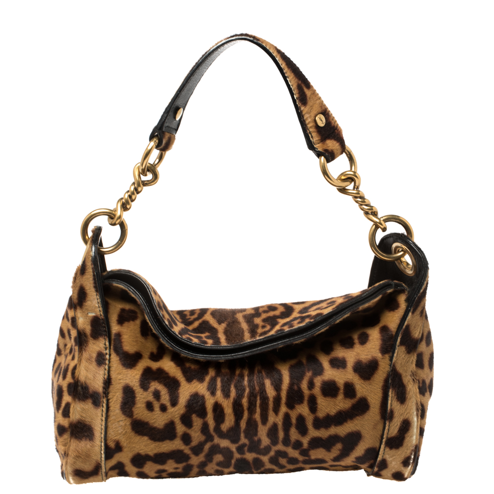 Yves Saint Laurent Brown Leopard Print Calfhair Chain Shoulder Bag
