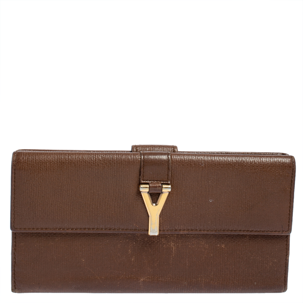 Yves saint laurent brown leather y ligne flap continental wallet