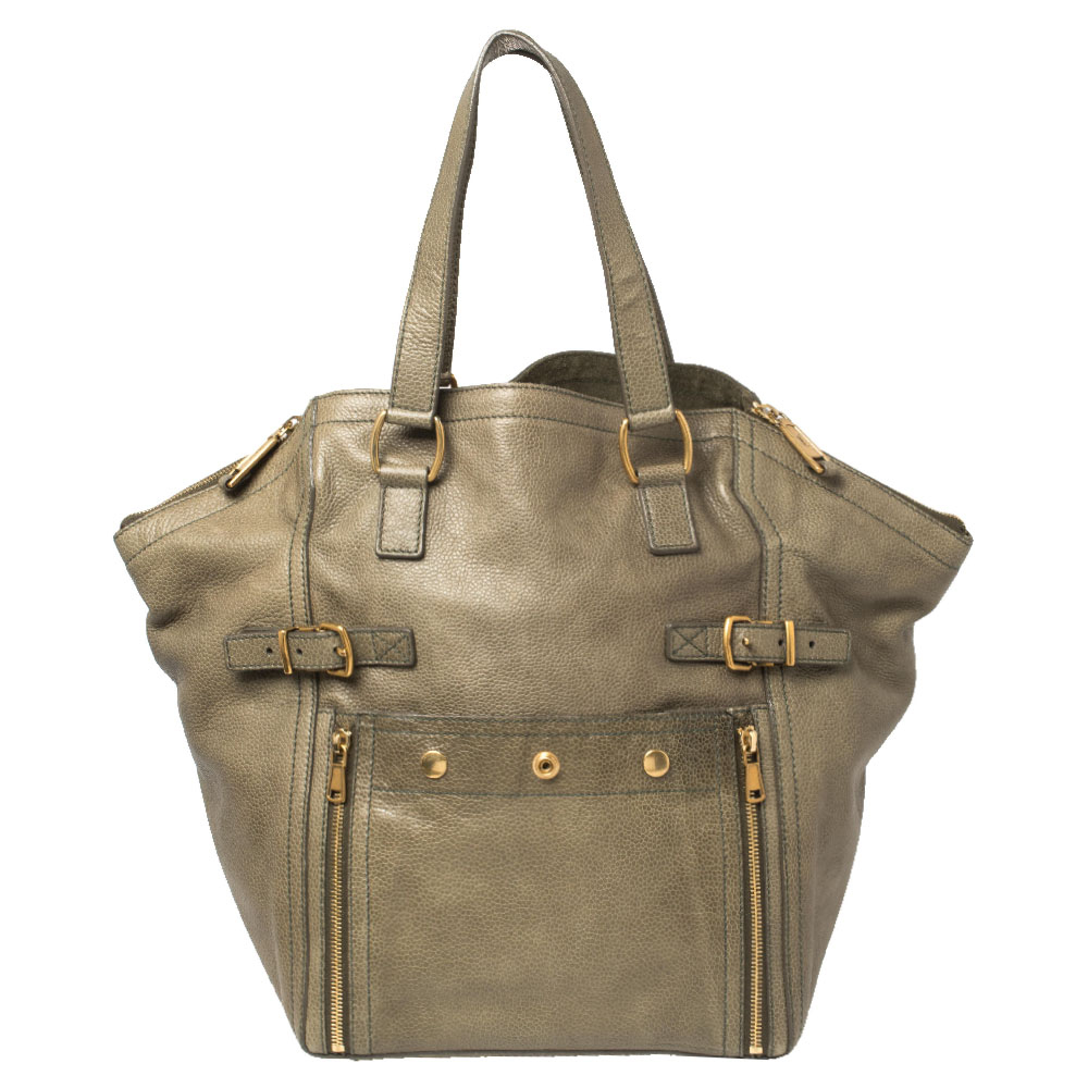 Yves Saint Laurent Military Green Leather Large Downtown Tote
