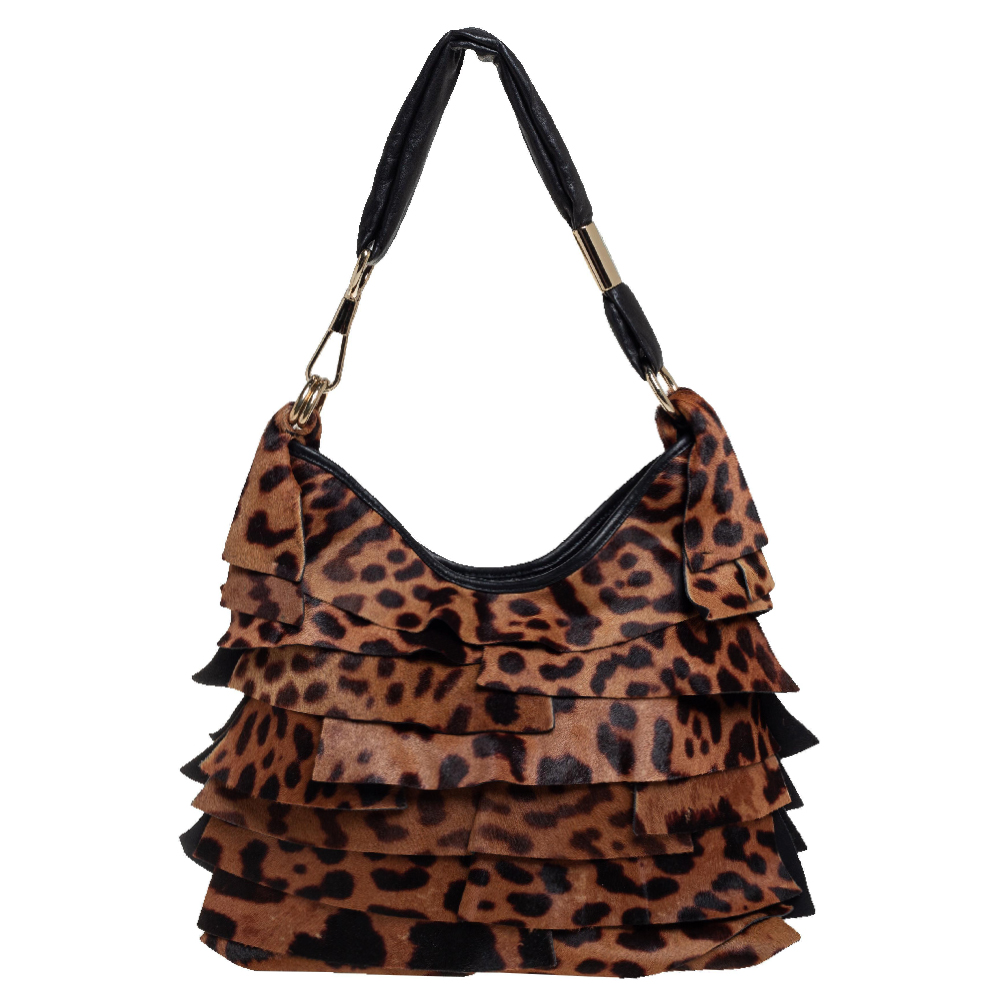 Yves Saint Laurent Brown/Black Leopard Print Calfhair and Leather St. Tropez Hobo