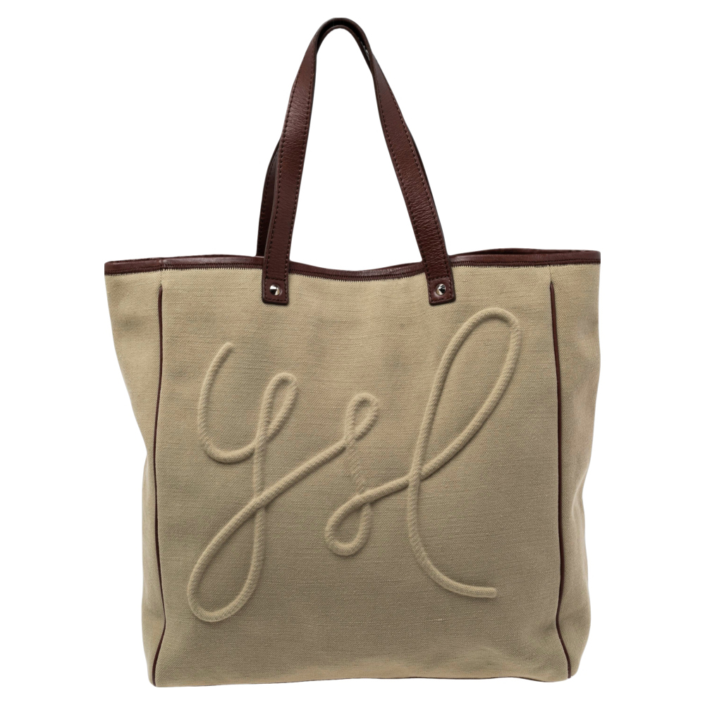 Yves Saint Laurent Brown/Beige Canvas and Leather Trim Charms Tote