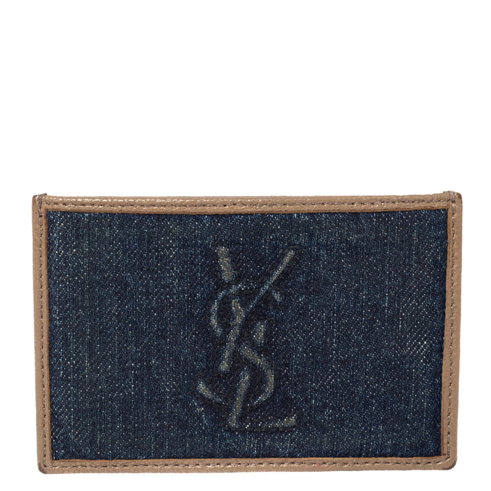 Yves Saint Laurent Blue Denim and Leather Card Holder
