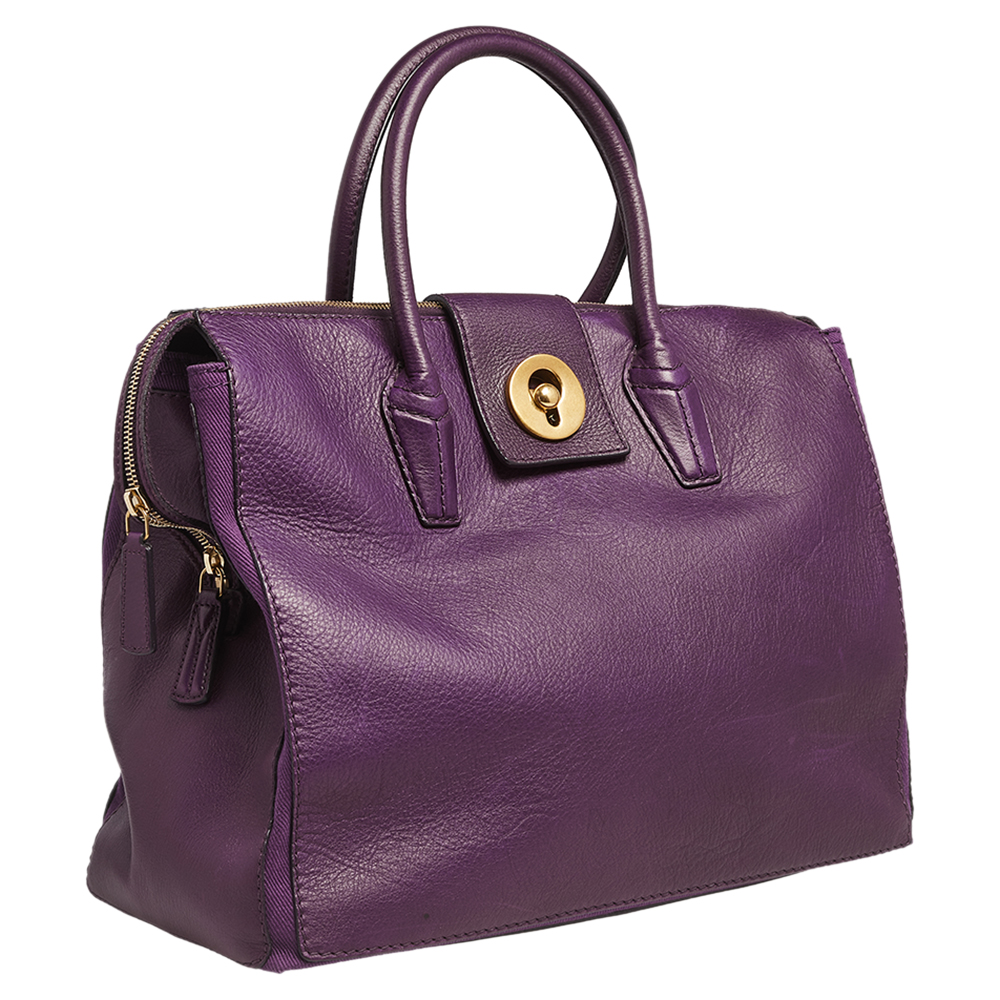 Yves Saint Laurent Purple Leather And Canvas Cabas Muse Two Tote