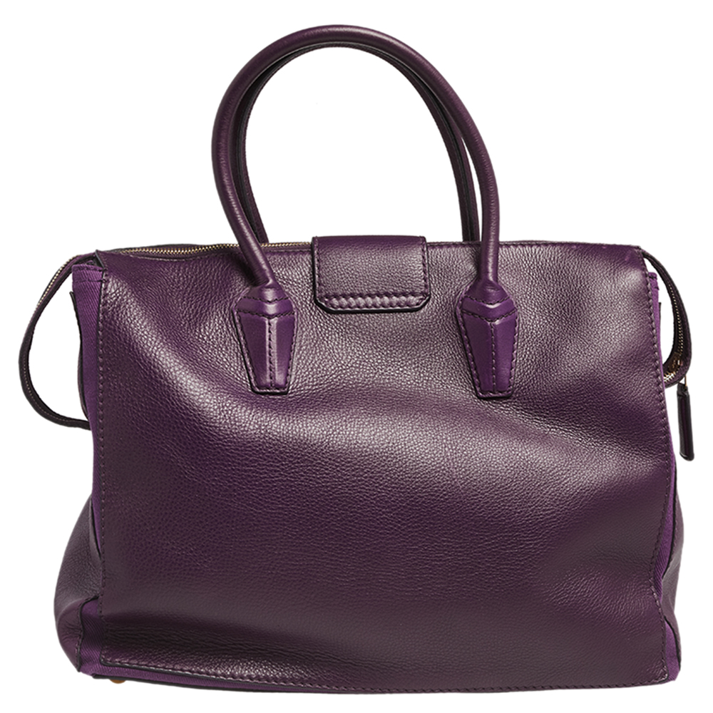 Yves Saint Laurent Purple Leather And Canvas Cabas Muse Two Tote