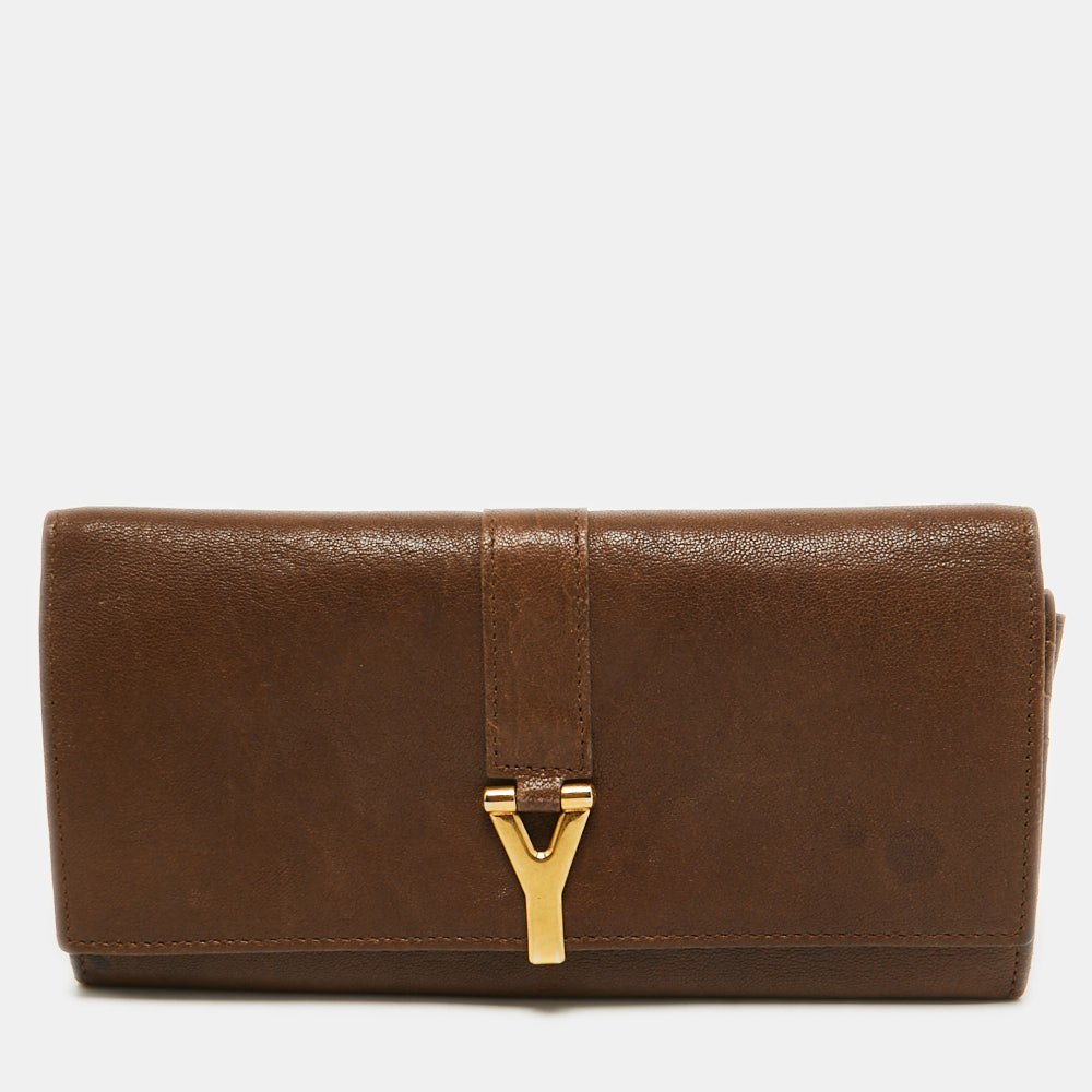 Yves saint laurent brown leather y line flap continental wallet