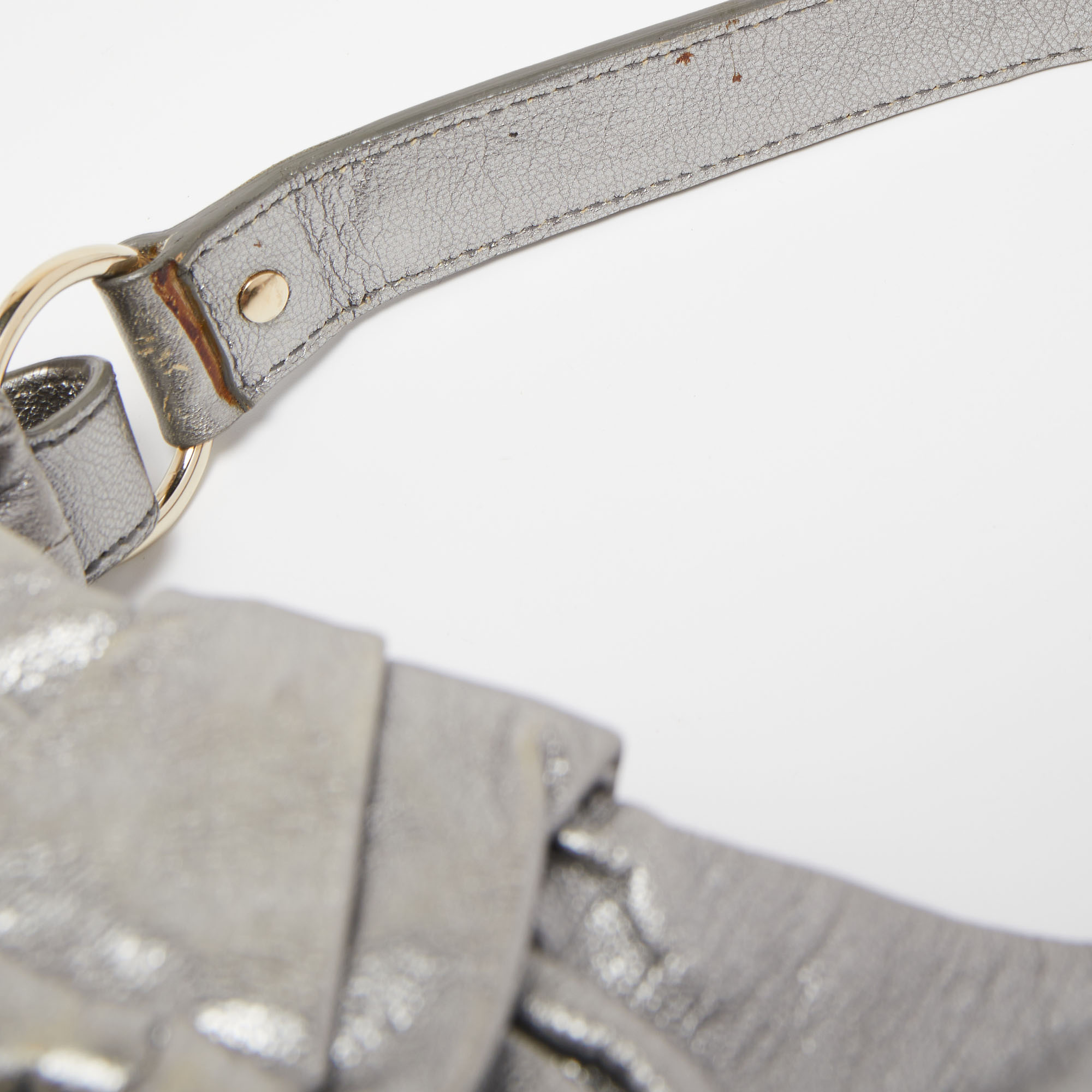Yves Saint Laurent Metallic Grey Leather Pleated Bow Hobo