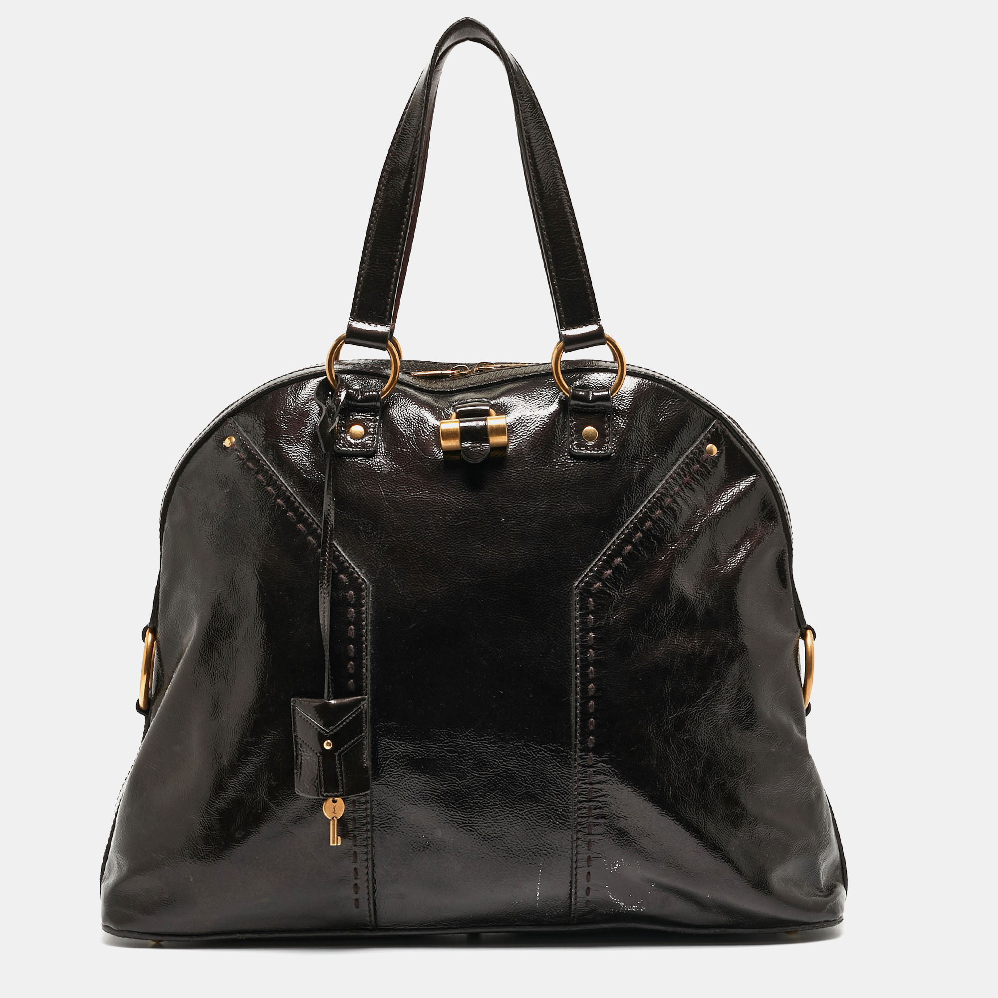 Yves saint laurent choco brown patent leather oversized muse bag