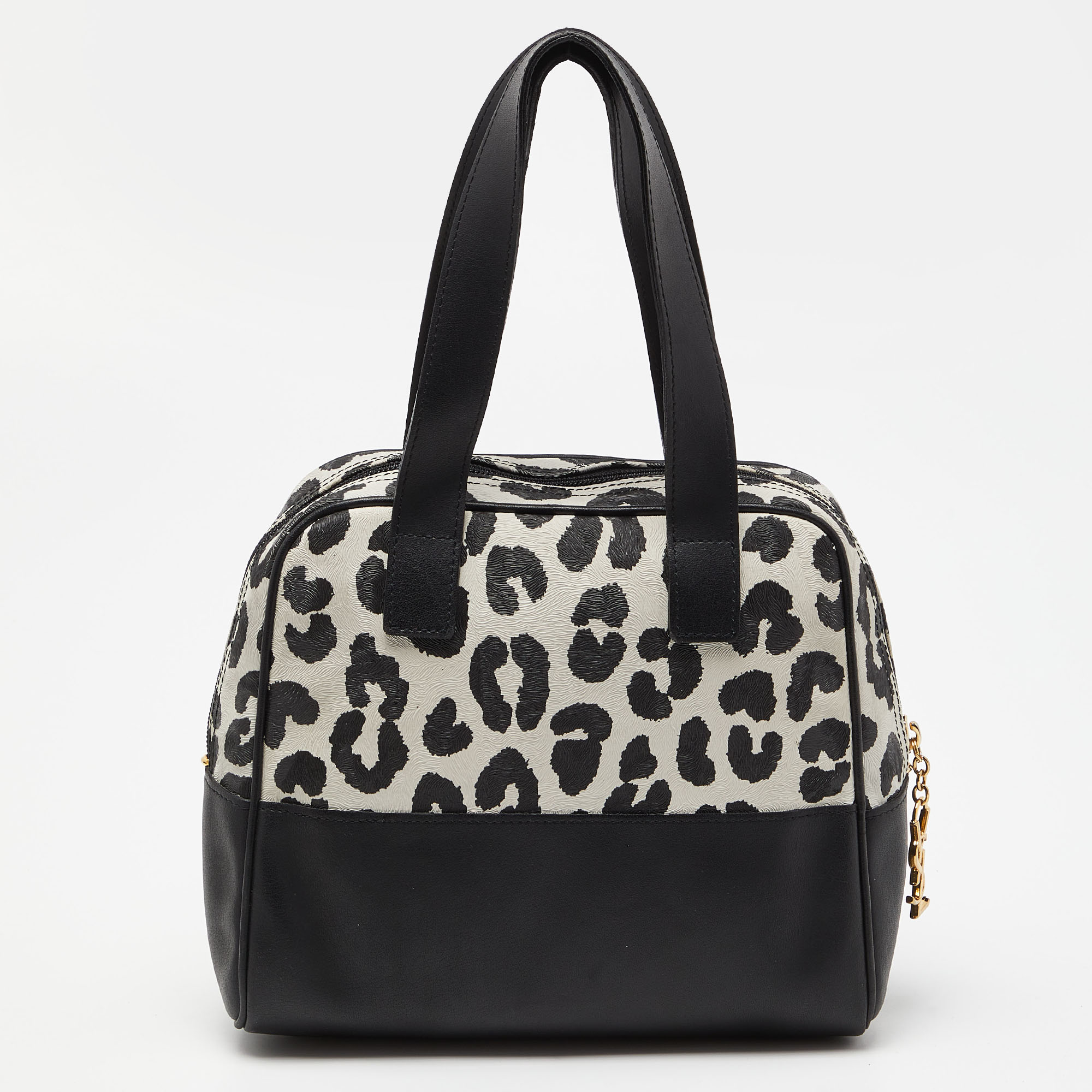 Yves Saint Laurent Black/White Leopard Print Coated Canvas And Leather Satchel