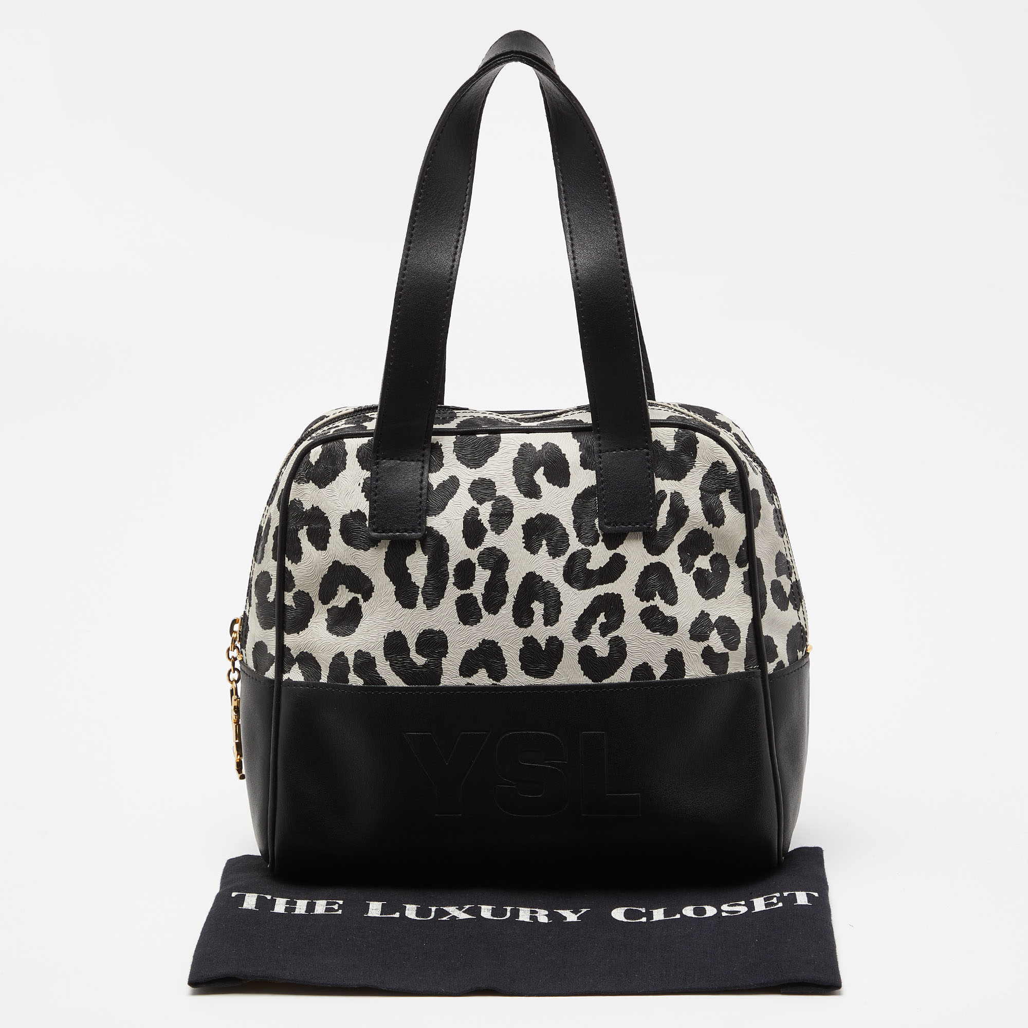 Yves Saint Laurent Black/White Leopard Print Coated Canvas And Leather Satchel