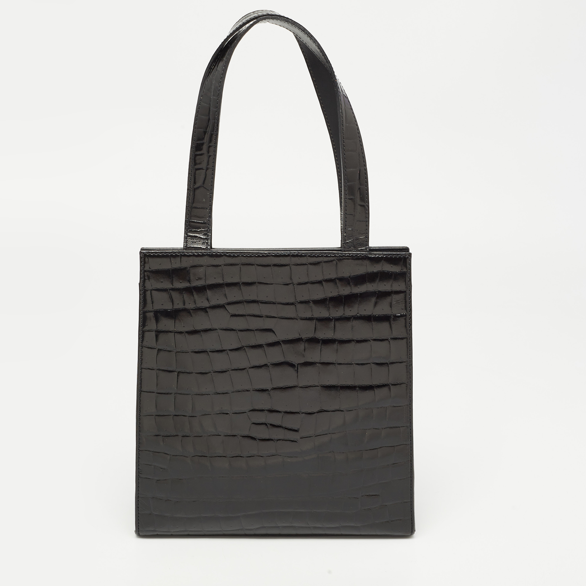 Yves Saint Laurent Black Shine Croc Embossed Leather Tote