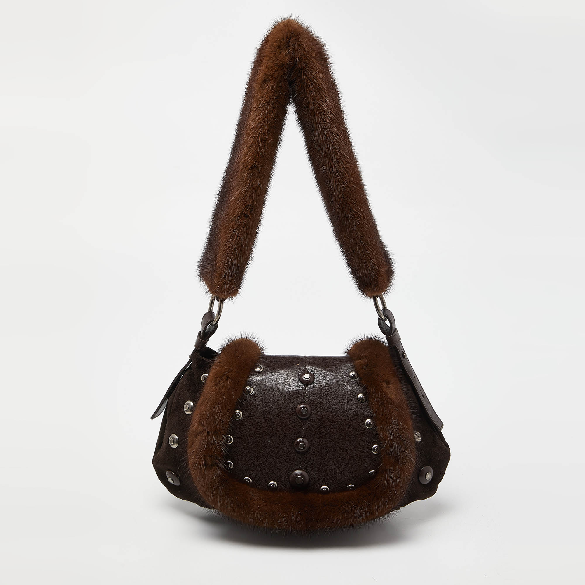 Yves saint laurent dark brown suede, leather and mink fur studded flap hobo