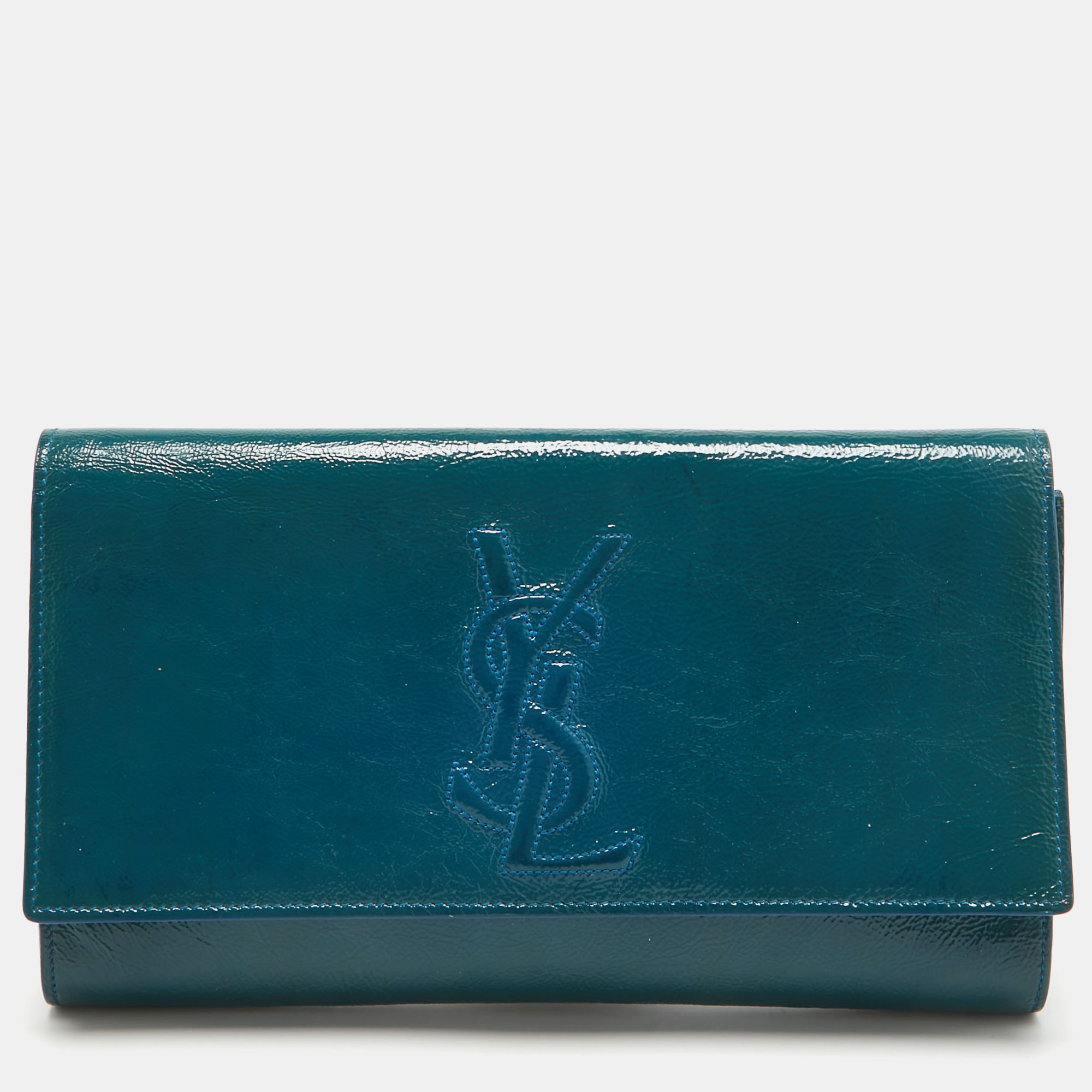 Yves saint laurent teal patent leather belle de jour flap clutch