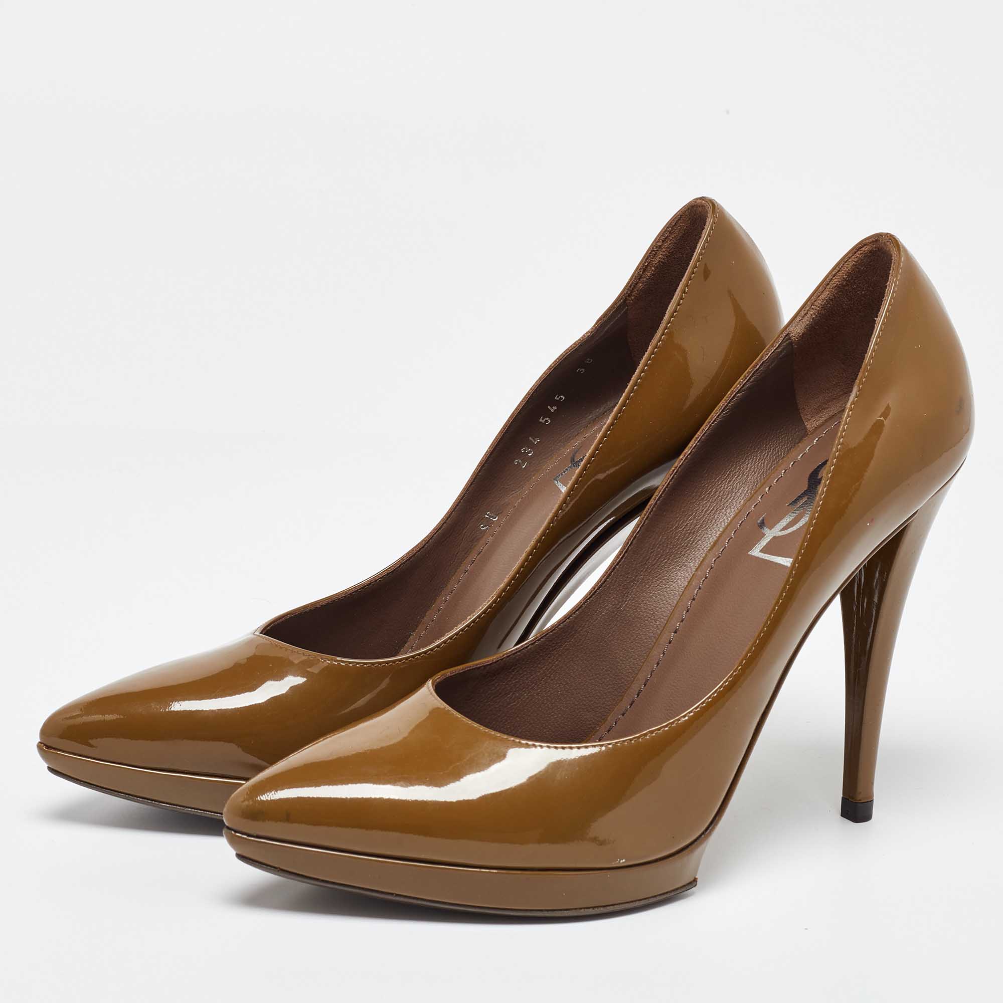 Yves Saint Laurent Brown Patent Leather Pointed Toe Pumps Size 38