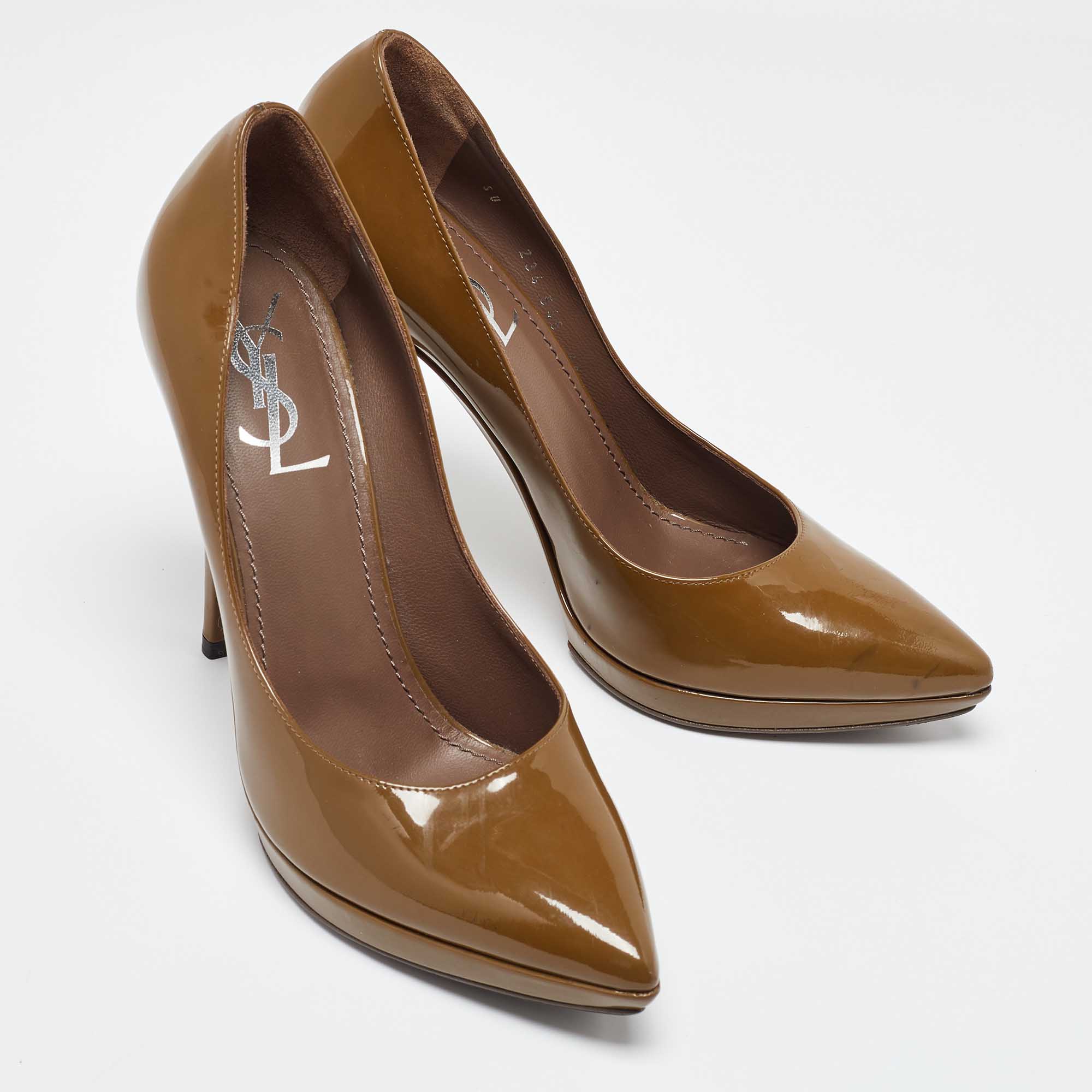 Yves Saint Laurent Brown Patent Leather Pointed Toe Pumps Size 38