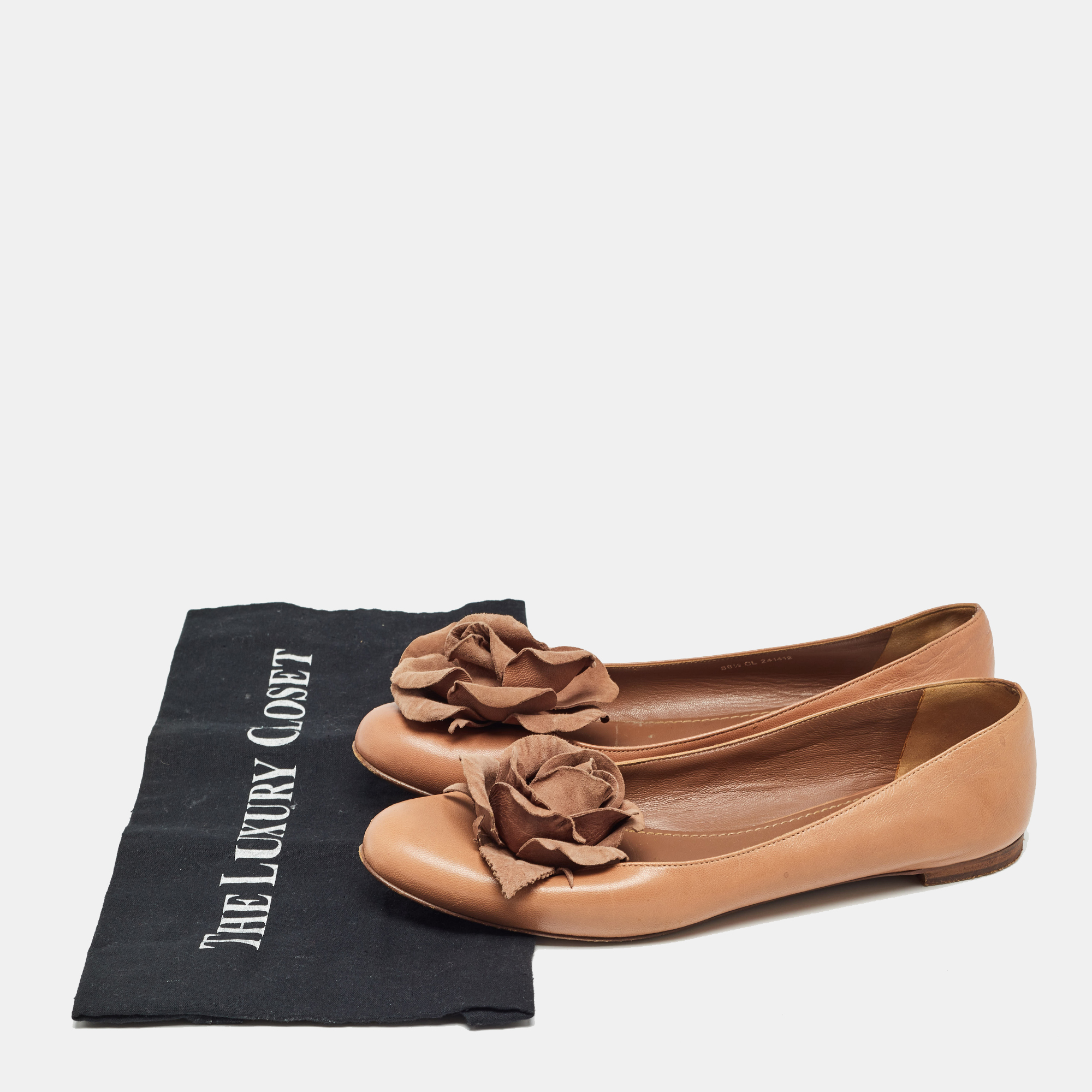 Yves Saint Laurent Brown Leather Rose Applique Ballet Flats Size 38.5