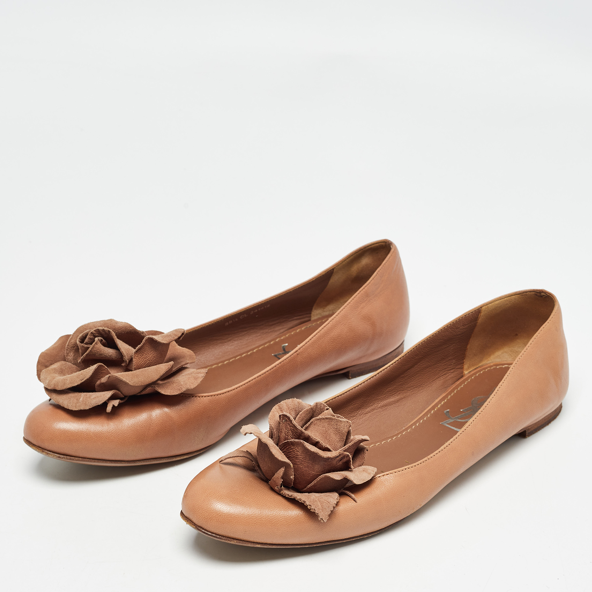 Yves Saint Laurent Brown Leather Rose Applique Ballet Flats Size 38.5