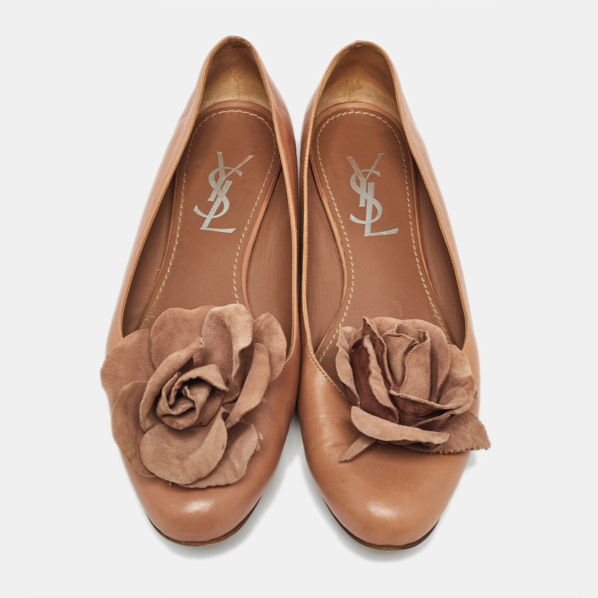 Yves Saint Laurent Brown Leather Rose Applique Ballet Flats Size 38.5