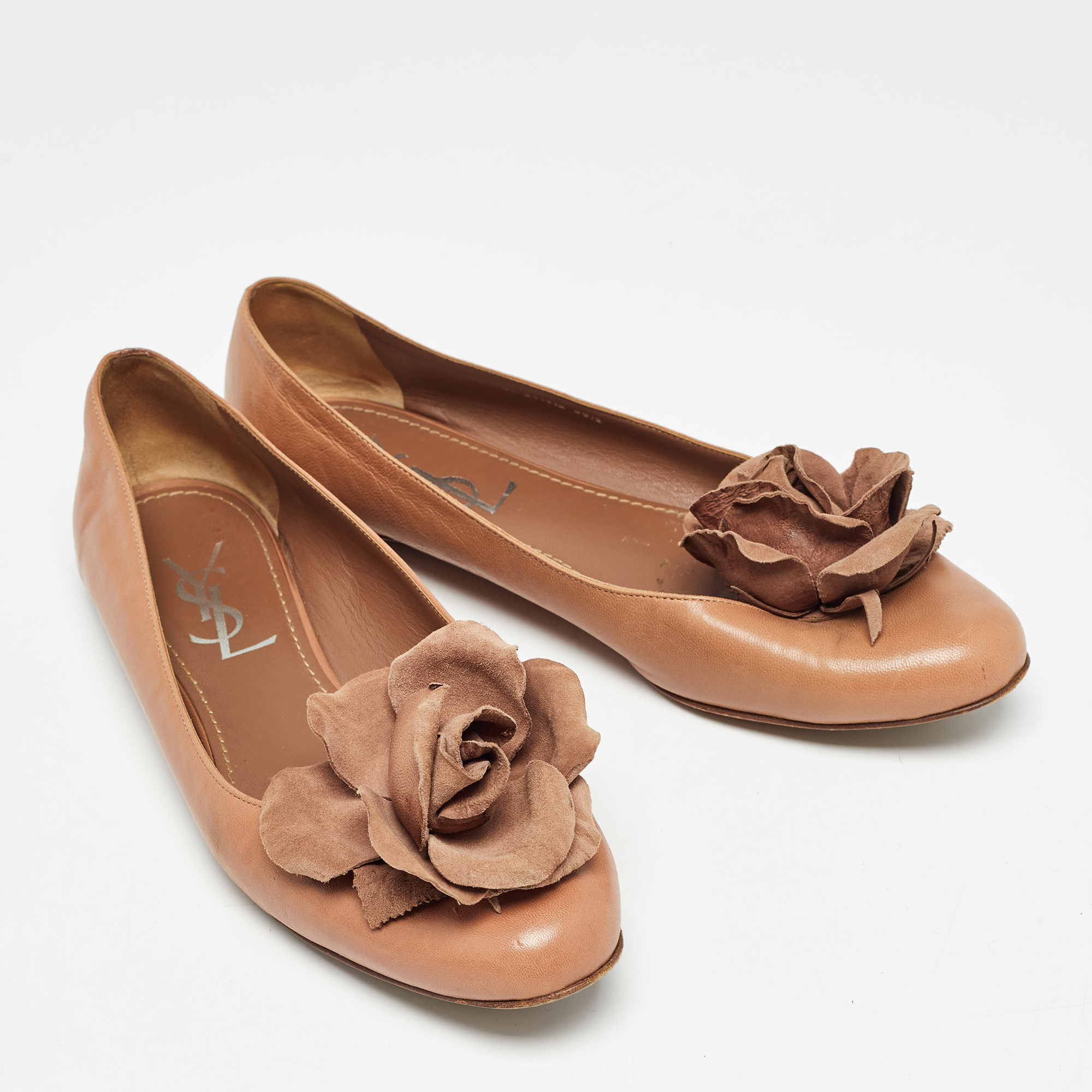 Yves Saint Laurent Brown Leather Rose Applique Ballet Flats Size 38.5