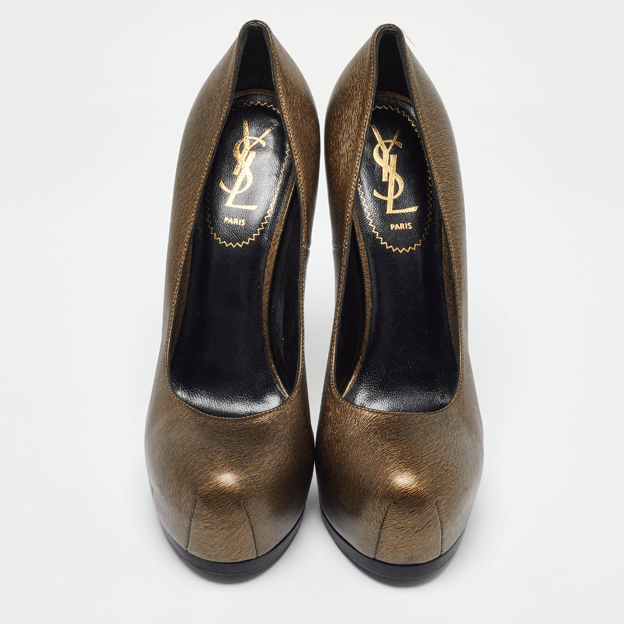 Yves Saint Laurent Gold/Black Textured Leather Tribtoo Pumps Size 37.5