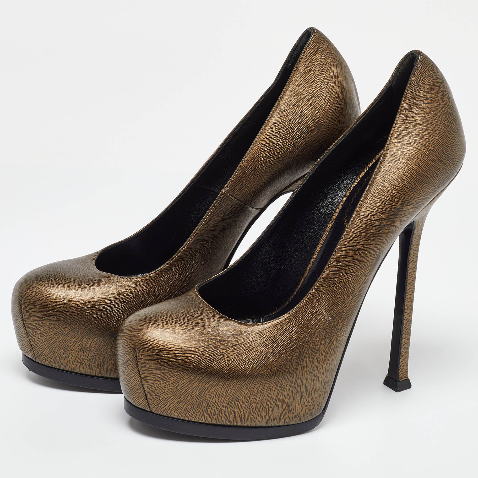 Yves Saint Laurent Gold/Black Textured Leather Tribtoo Pumps Size 37.5