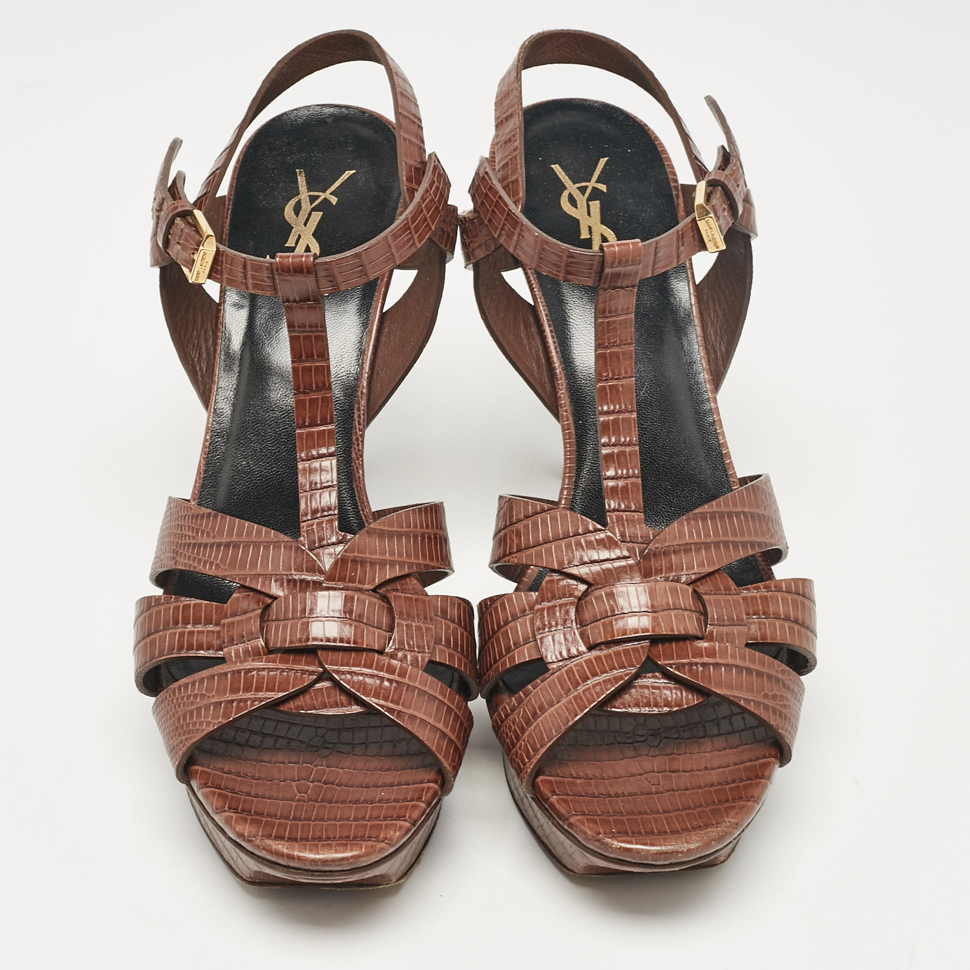 Yves Saint Laurent Brown Lizard Embossed Leather Tribute Ankle Strap Sandals Size 40