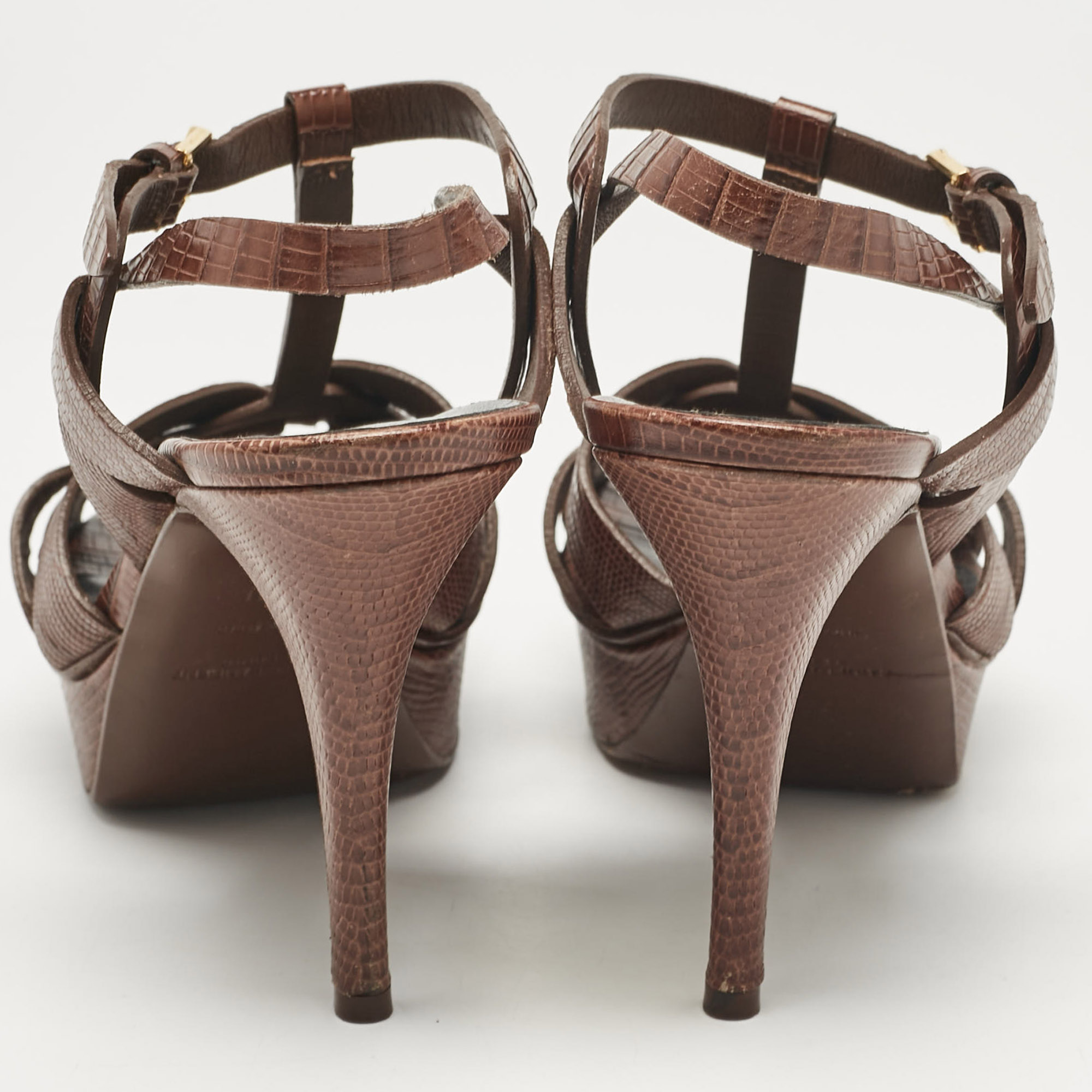 Yves Saint Laurent Brown Lizard Embossed Leather Tribute Ankle Strap Sandals Size 40