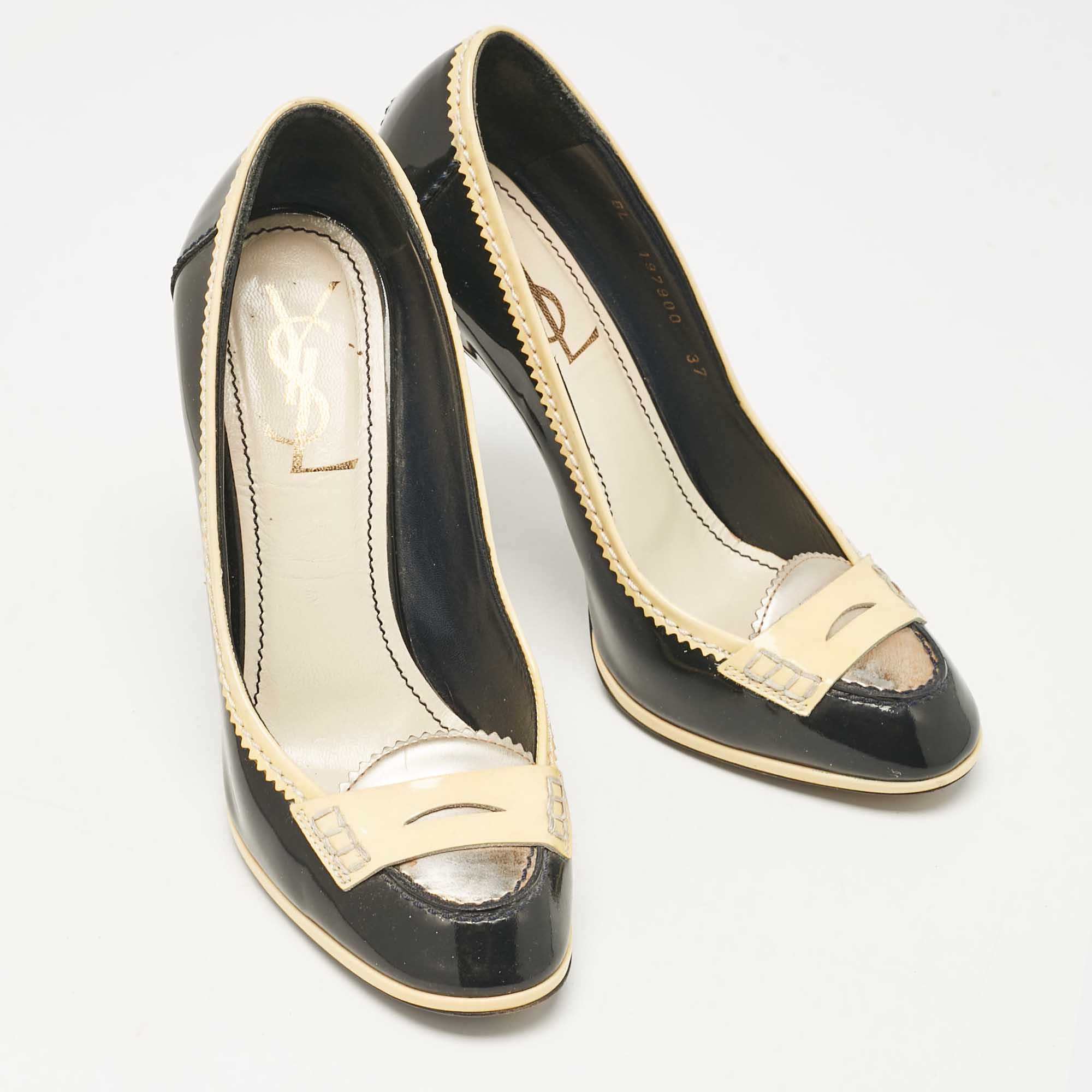 Yves Saint Laurent Black/Yellow Patent Leather Loafer Pumps Size 37